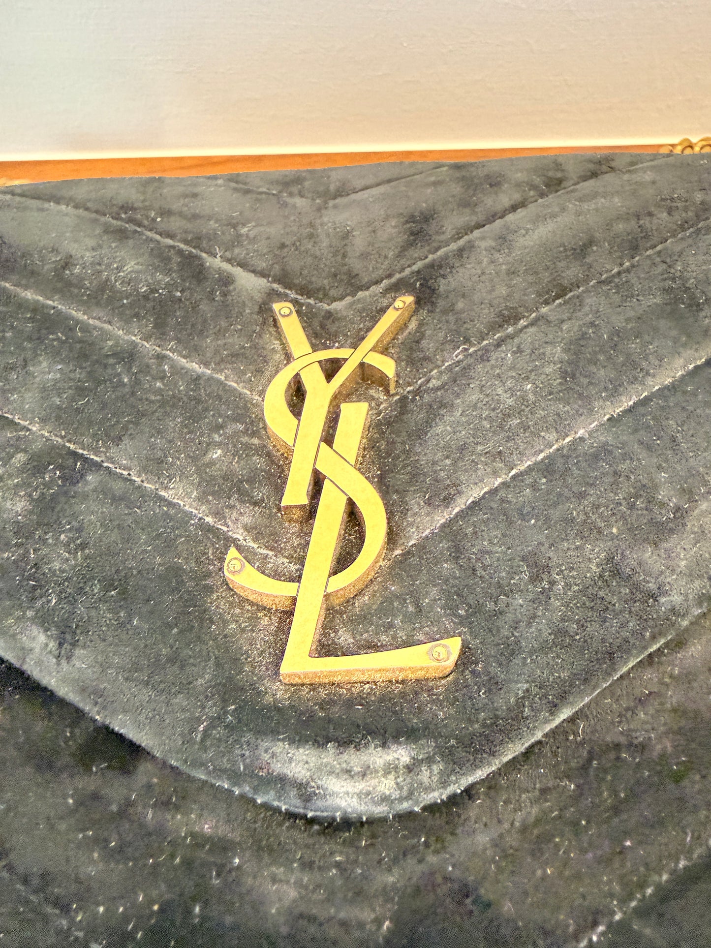 Saint Laurent Suede Quilted Monogram Medium Loulou Chain Satchel in Black Pre-Owned