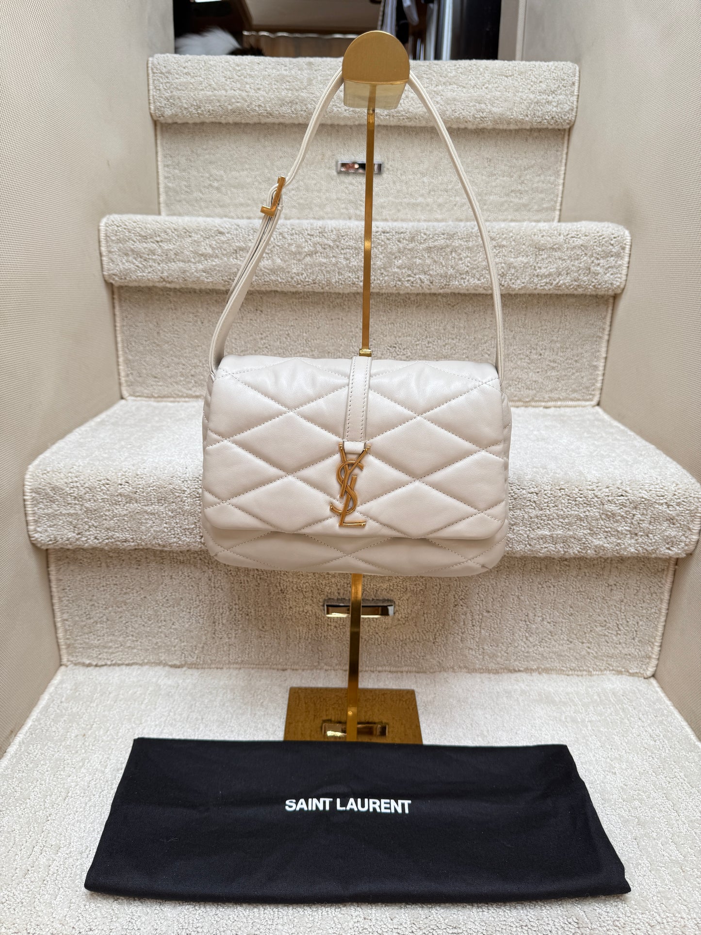 YSL Lambskin Quilted 5 a 7 Diamond Shoulder Bag Crema Soft