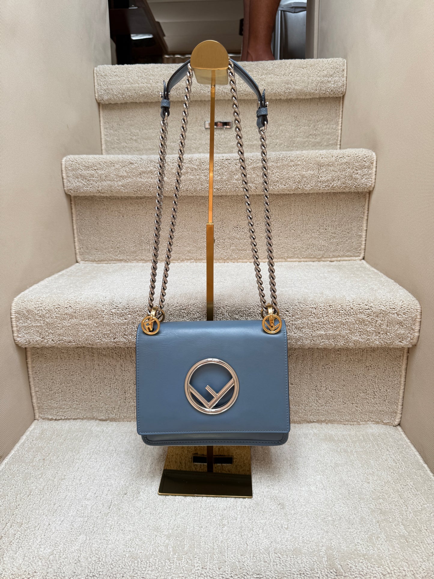 Fendi Ceruleo Vitello Leather Kan I logo bag in blue