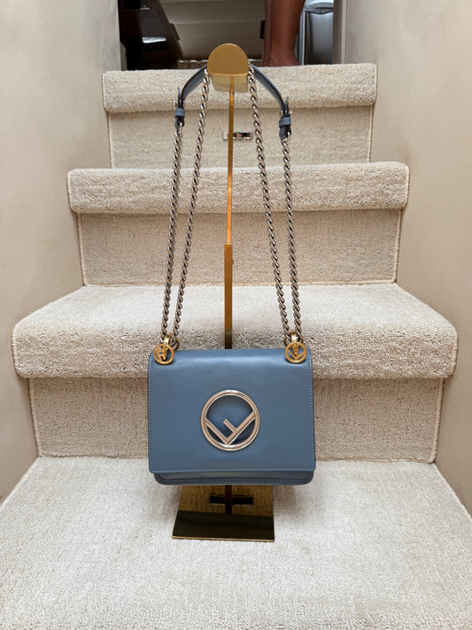 Fendi Ceruleo Vitello Leather Kan I logo bag in blue