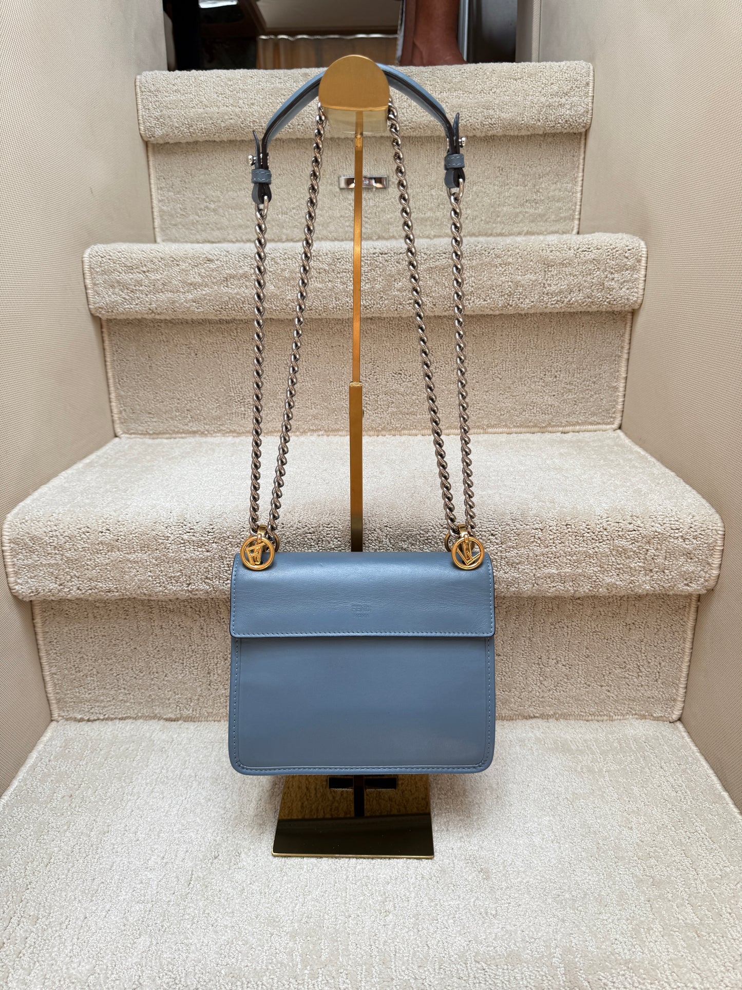 Fendi Ceruleo Vitello Leather Kan I logo bag in blue