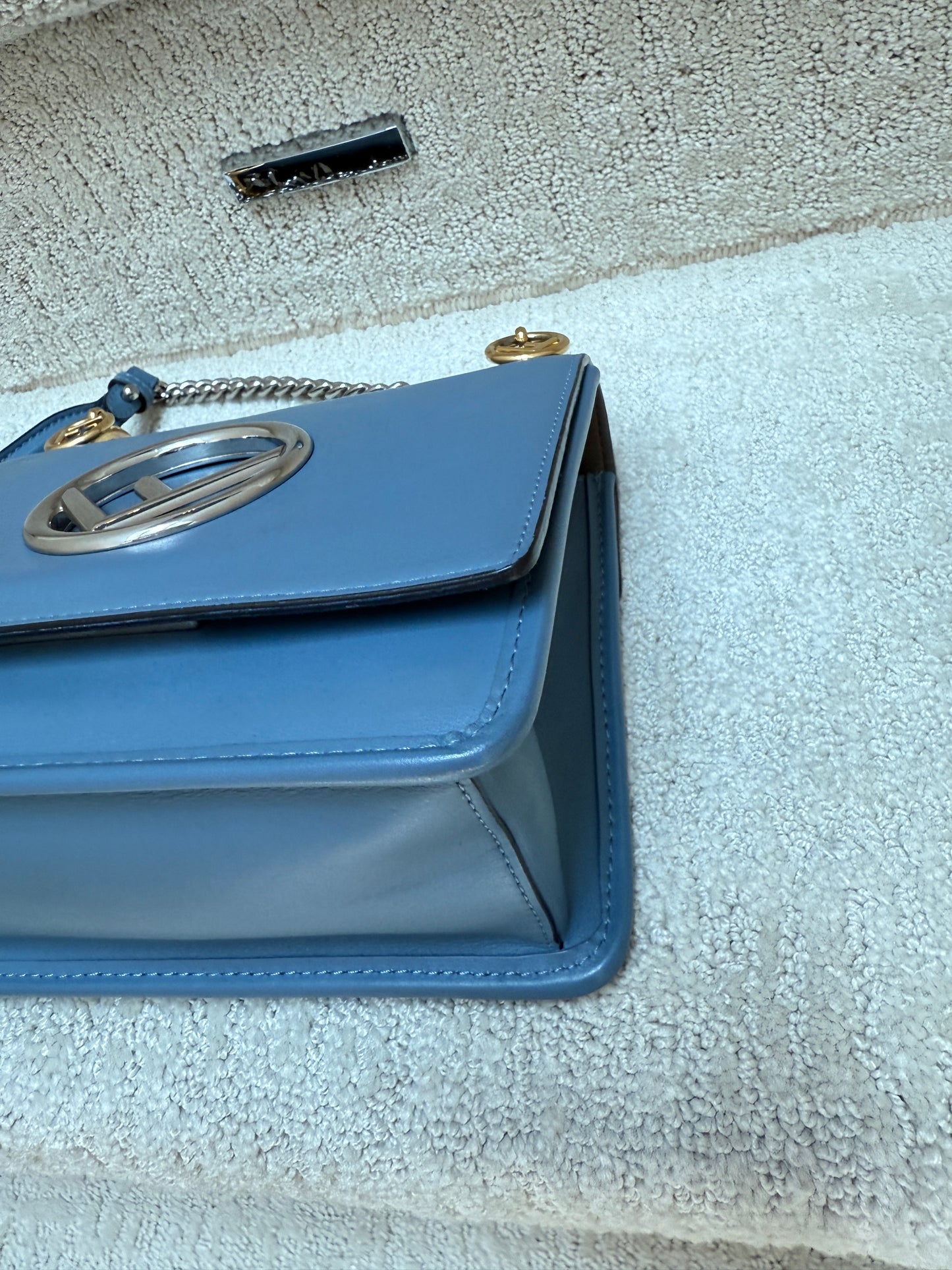Fendi Ceruleo Vitello Leather Kan I logo bag in blue