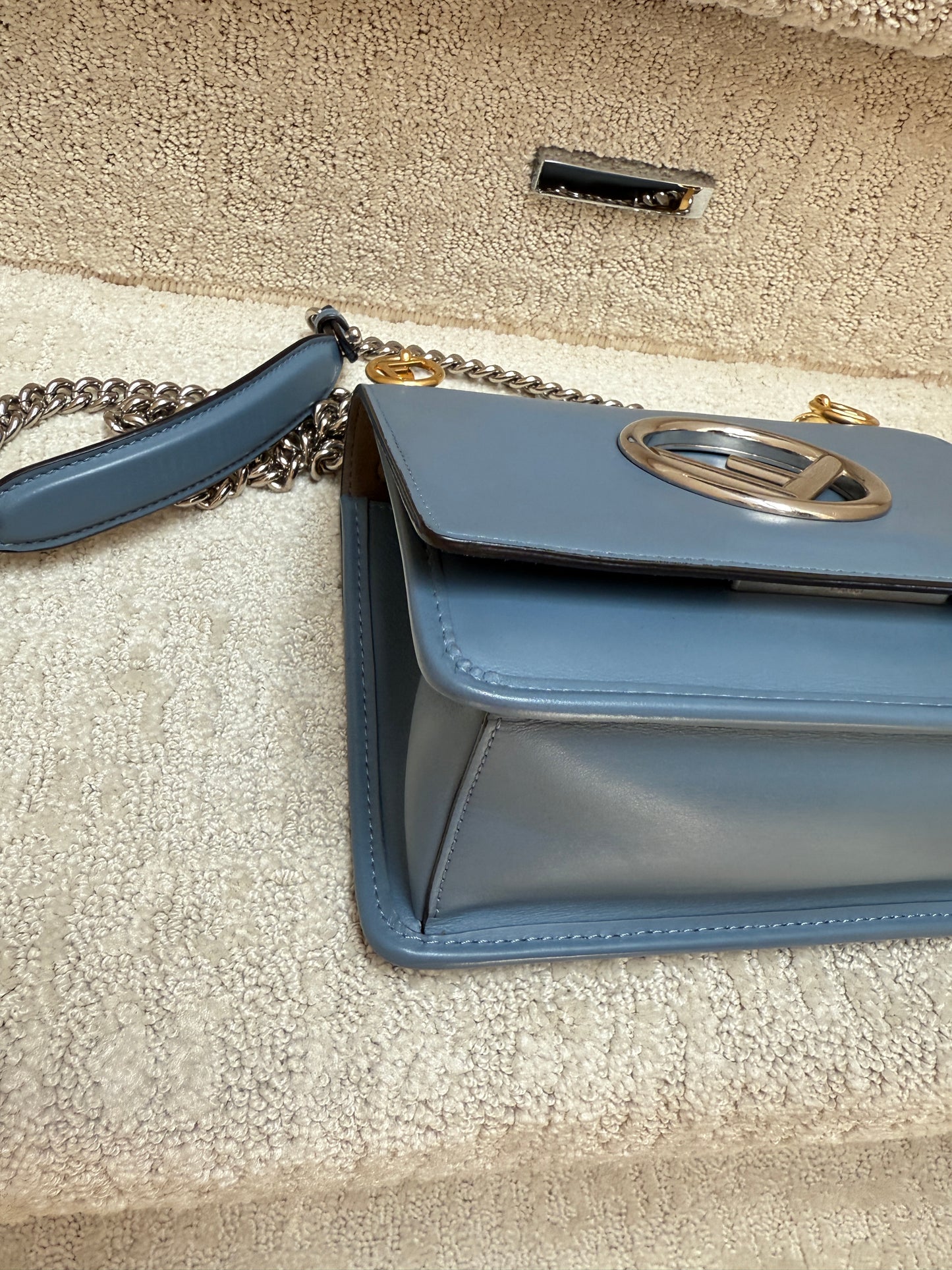 Fendi Ceruleo Vitello Leather Kan I logo bag in blue