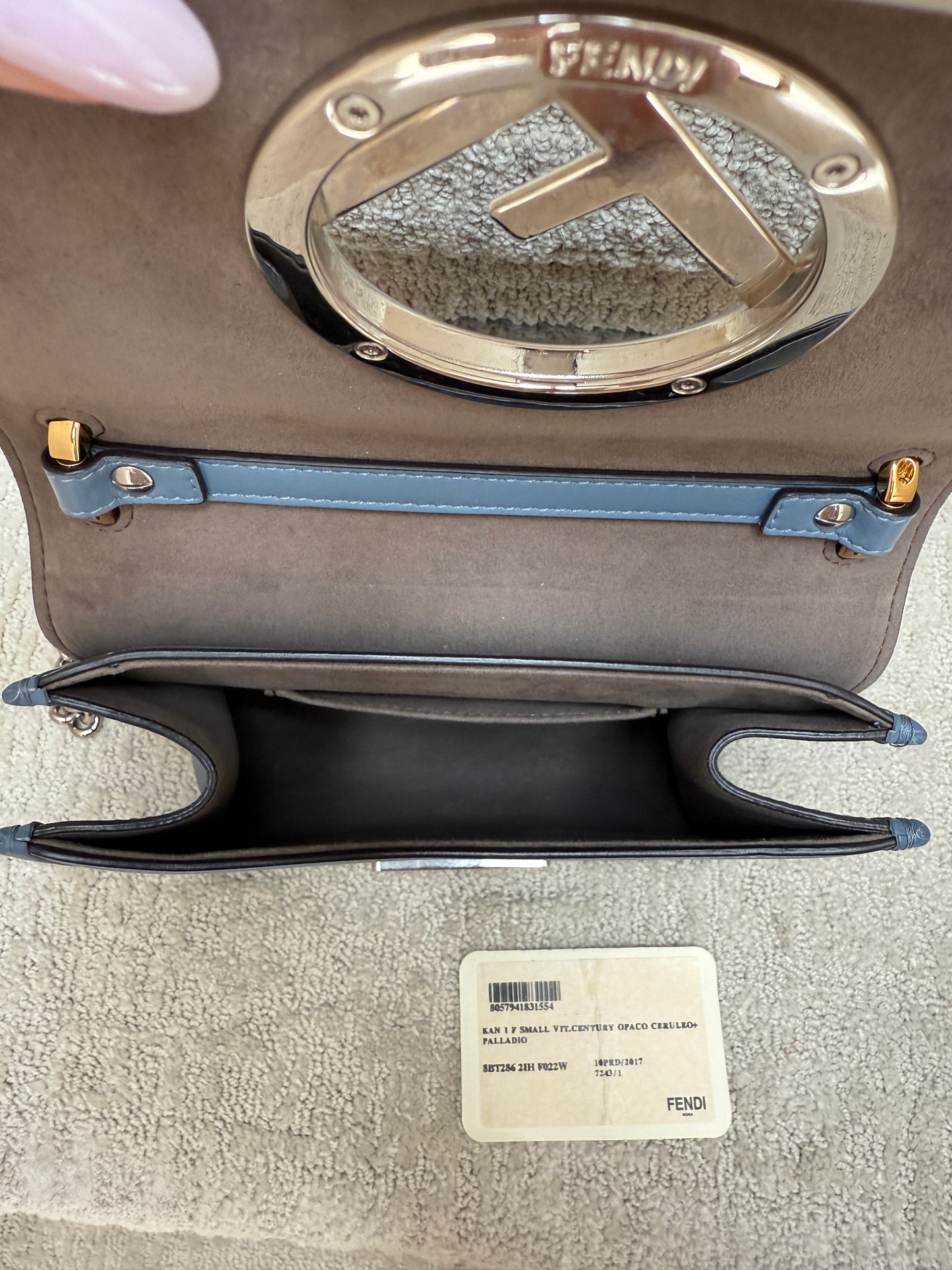 Fendi Ceruleo Vitello Leather Kan I logo bag in blue