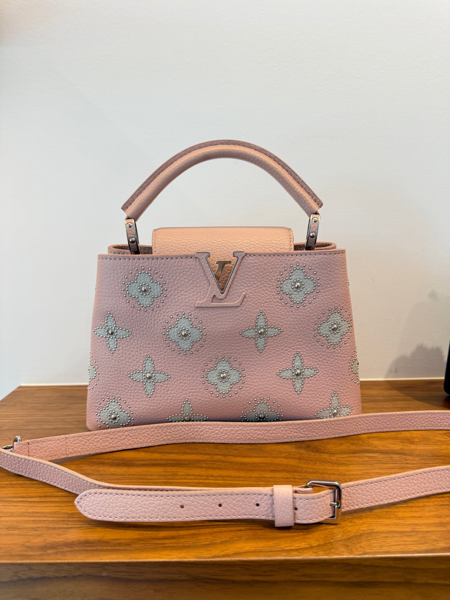 Louis Vuitton Taurillon Capucines BB Blush Limited Edition with Flower Studs
