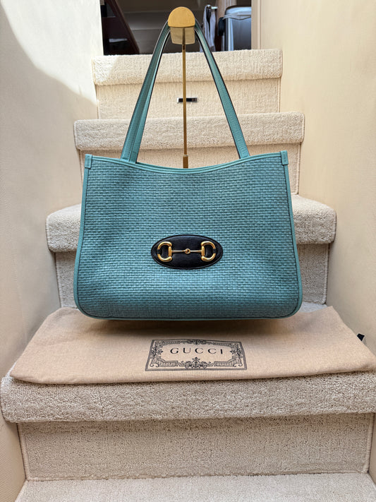 Gucci Horsebit 1955 Raffia & Leather Tote in Blue