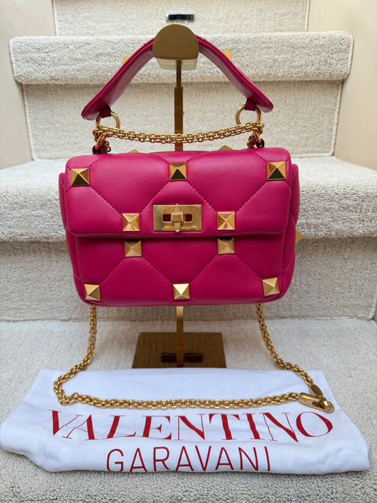 Valentino Roman Stud Medium Shoulder Bag in Dark Pink