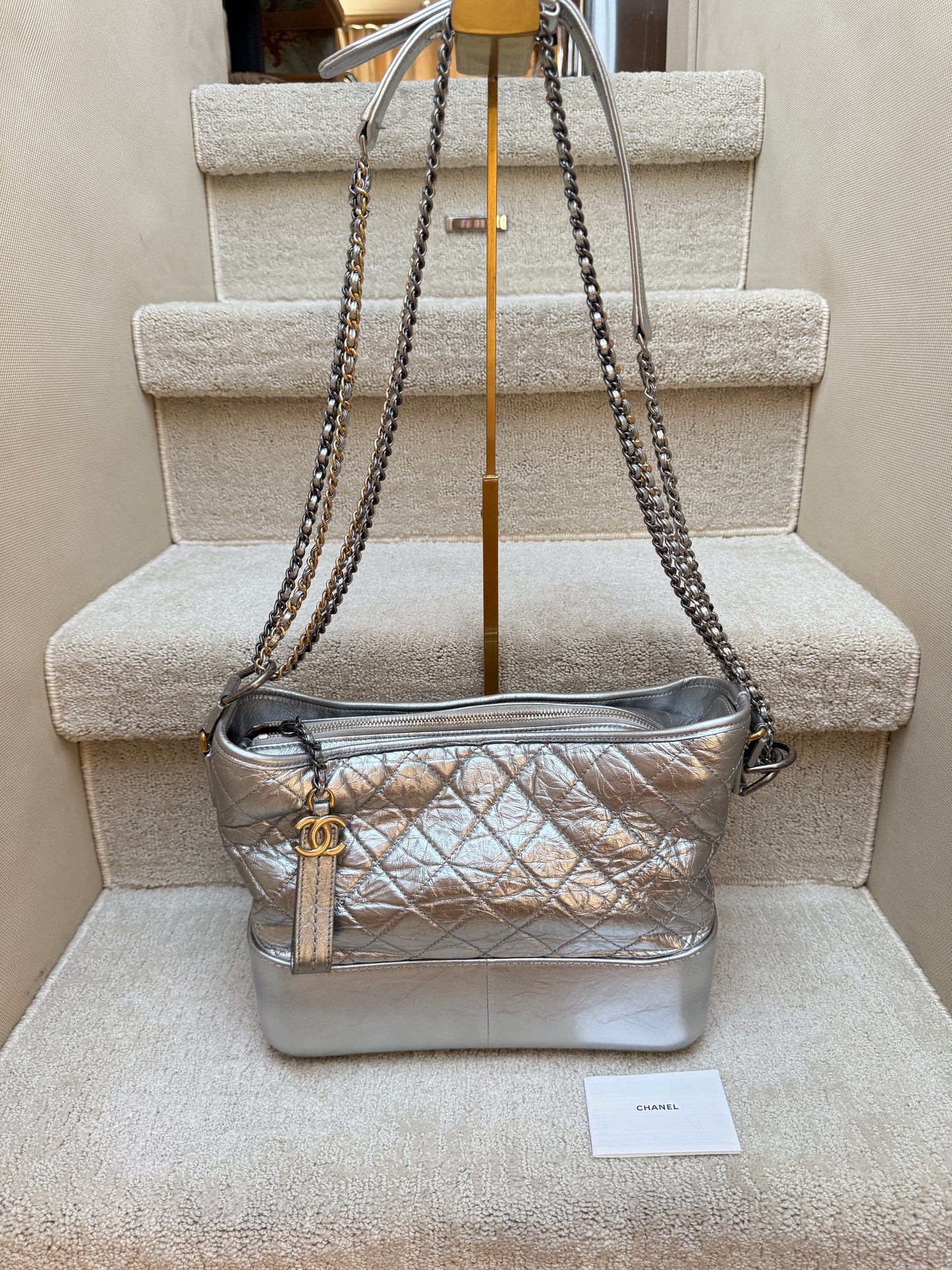 Chanel Metallic Aged Calfskin Quilted Medium Gabrielle Silver