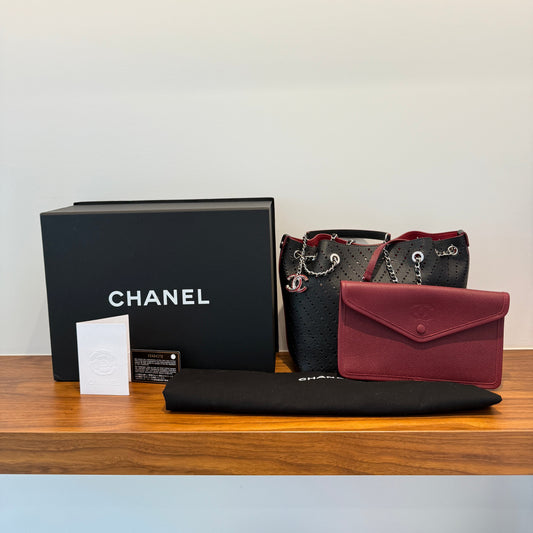 Chanel Perforated Grained Leather Accordion Shopping Tote With Pouch
