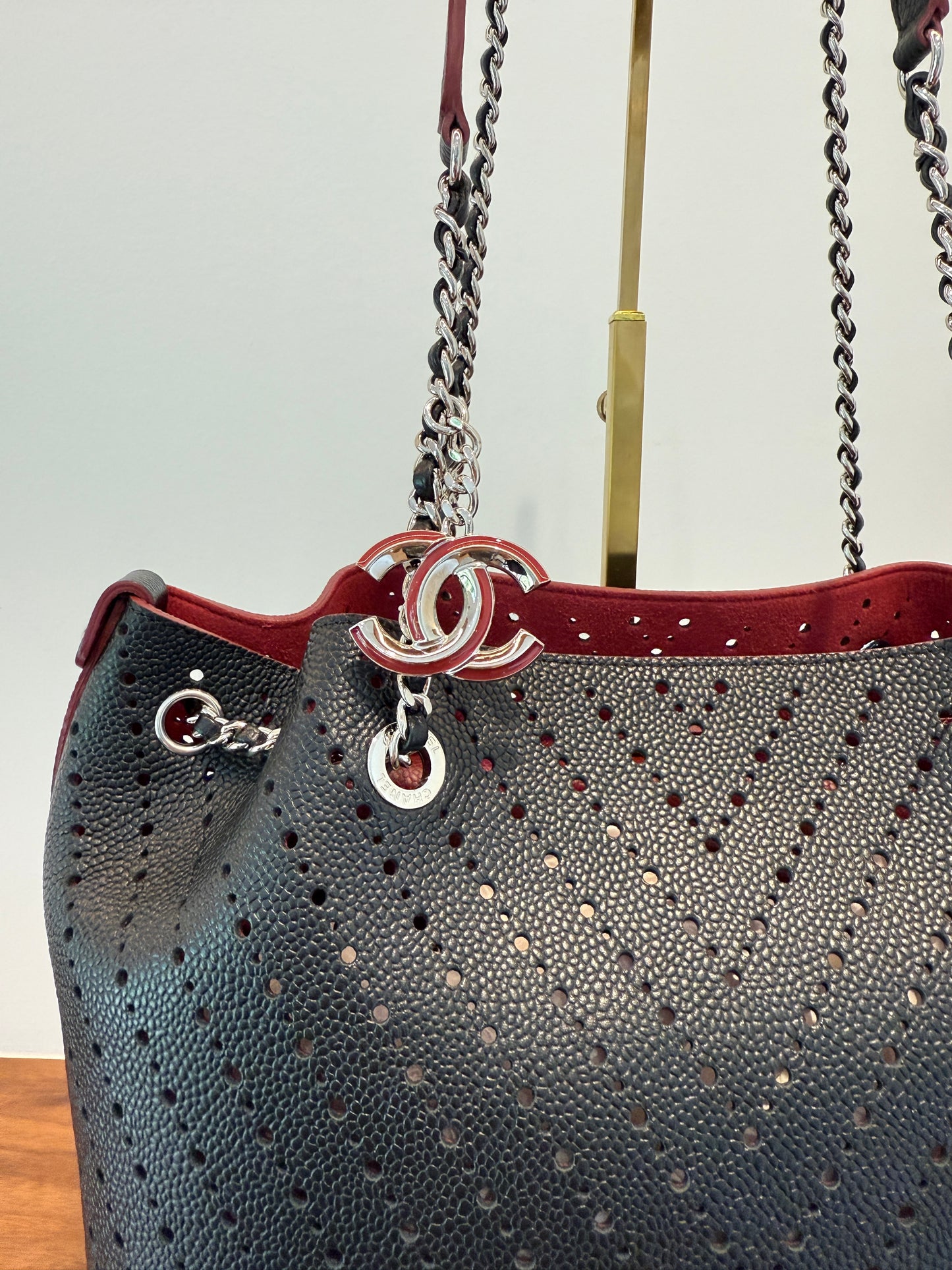 Chanel Perforated Grained Leather Accordion Shopping Tote With Pouch