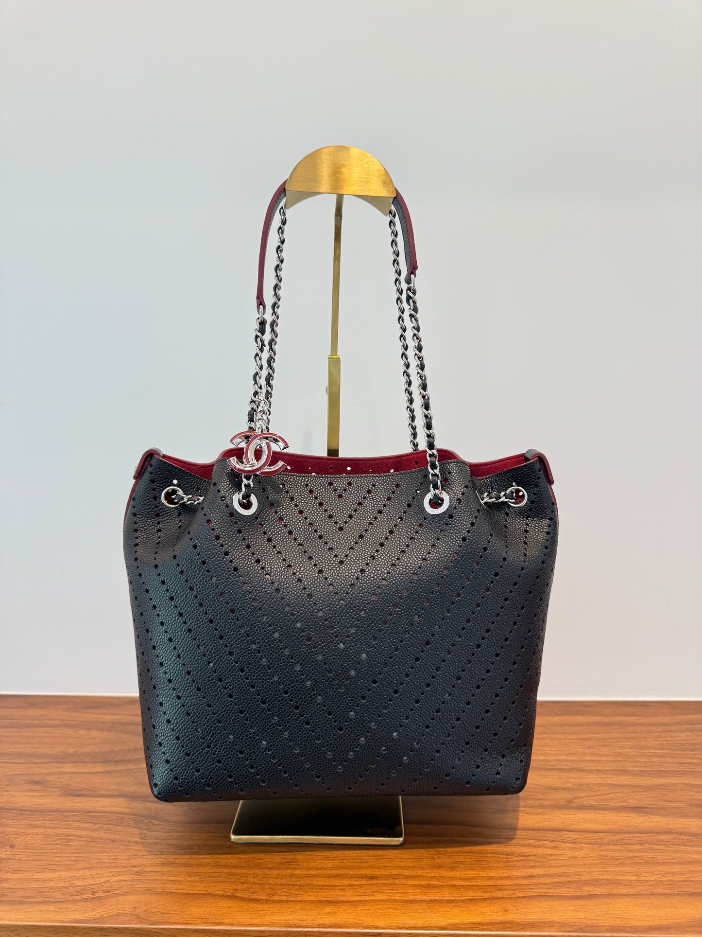 Chanel Perforated Grained Leather Accordion Shopping Tote With Pouch