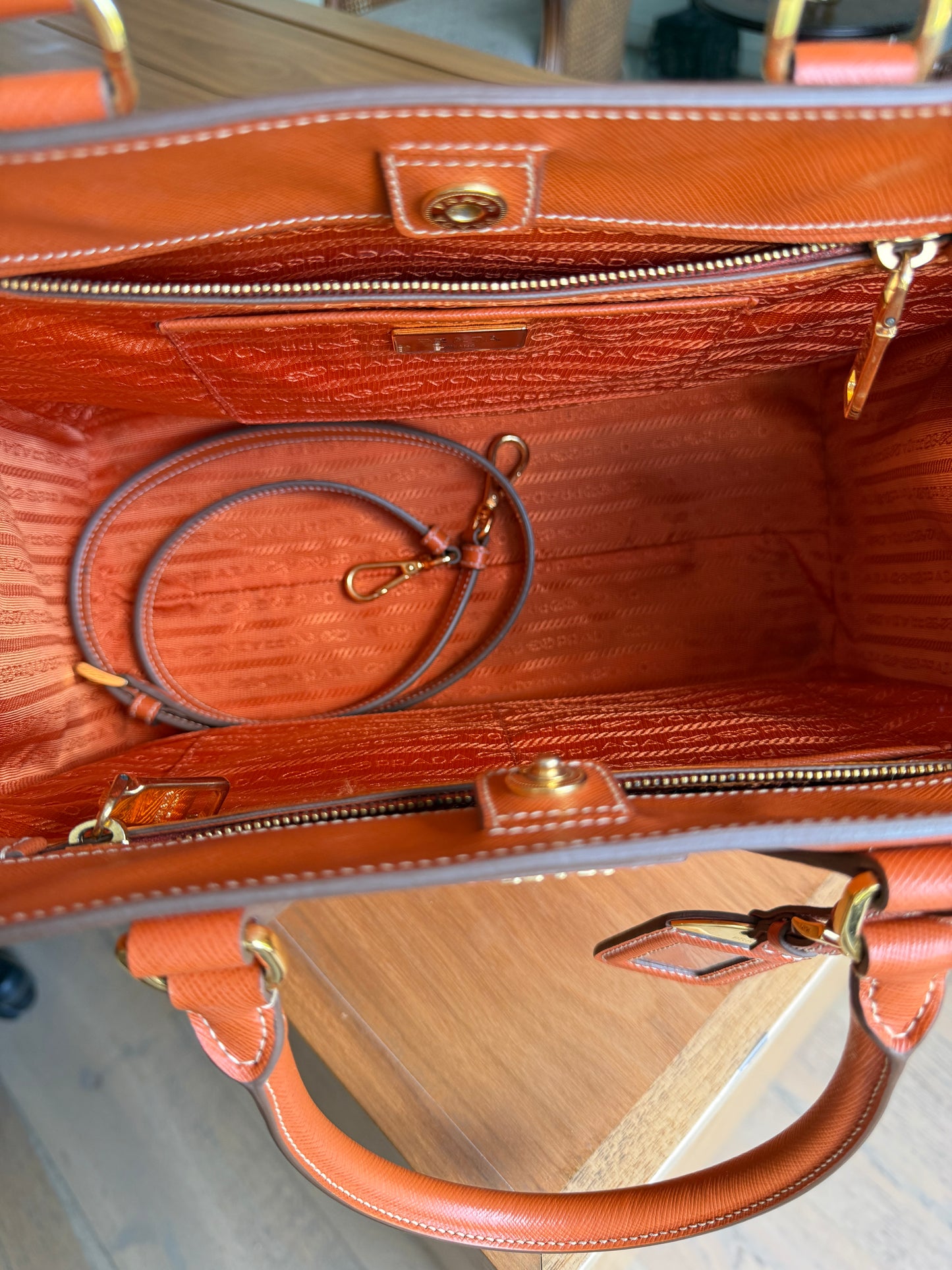 Prada Orange/Yellow Bi Color Saffiano Lux Leather Tote