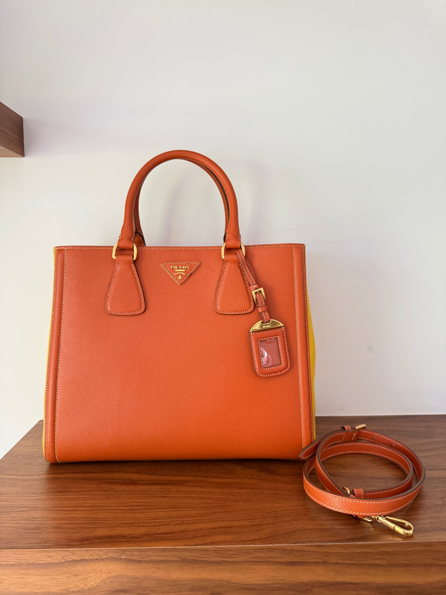 Prada Orange/Yellow Bi Color Saffiano Lux Leather Tote