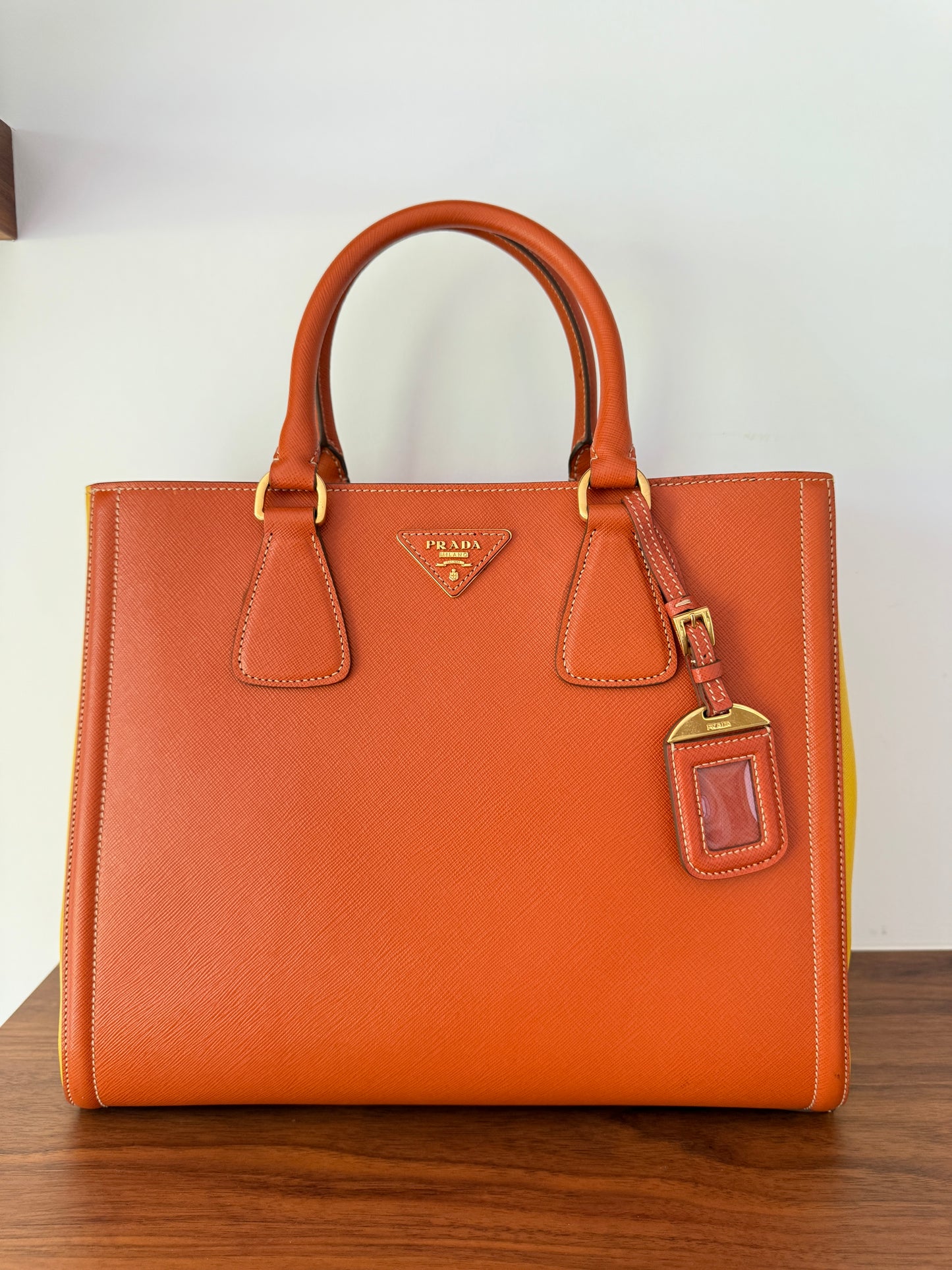 Prada Orange/Yellow Bi Color Saffiano Lux Leather Tote