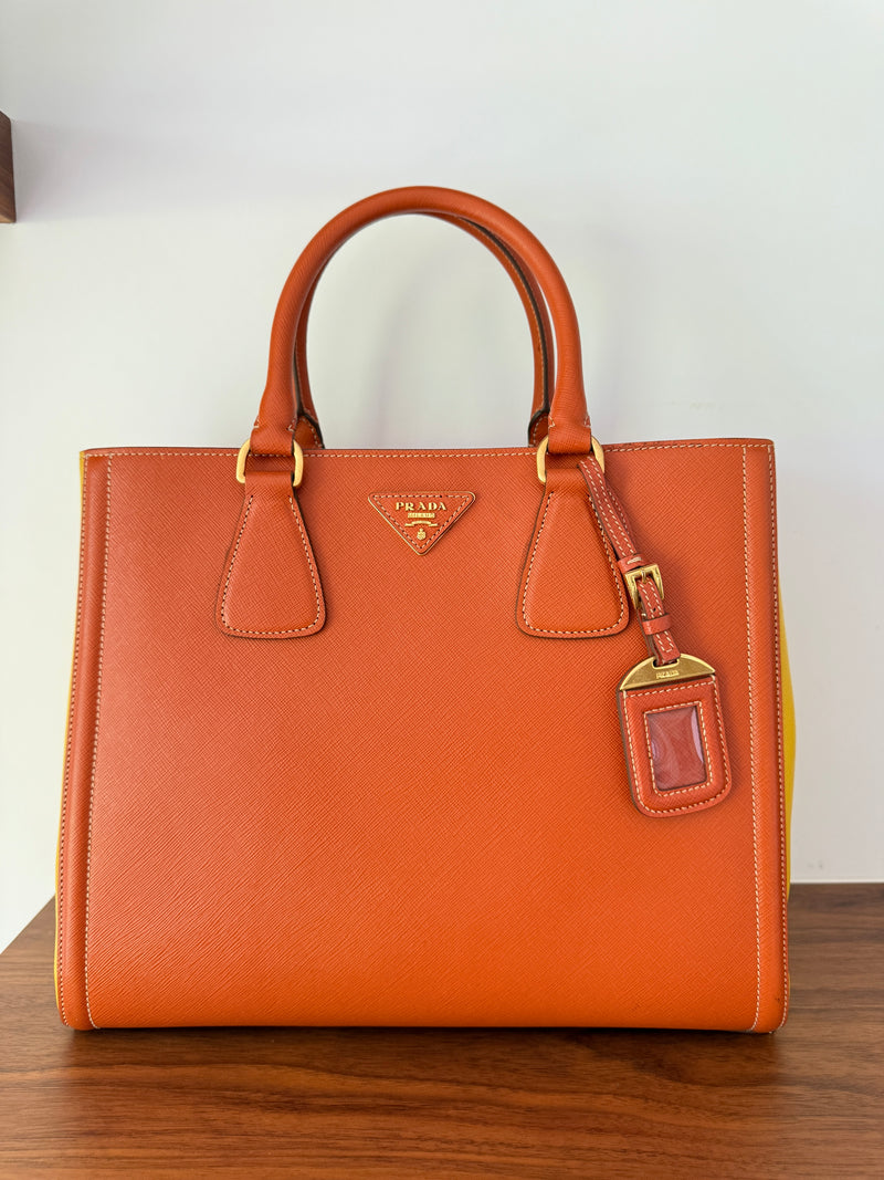 Prada Orange/Yellow Bi Color Saffiano Lux Leather Tote