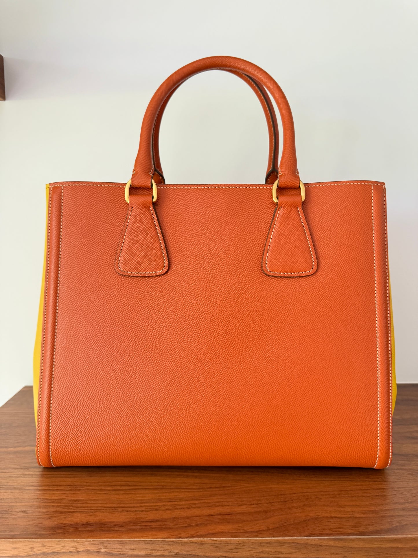 Prada Orange/Yellow Bi Color Saffiano Lux Leather Tote