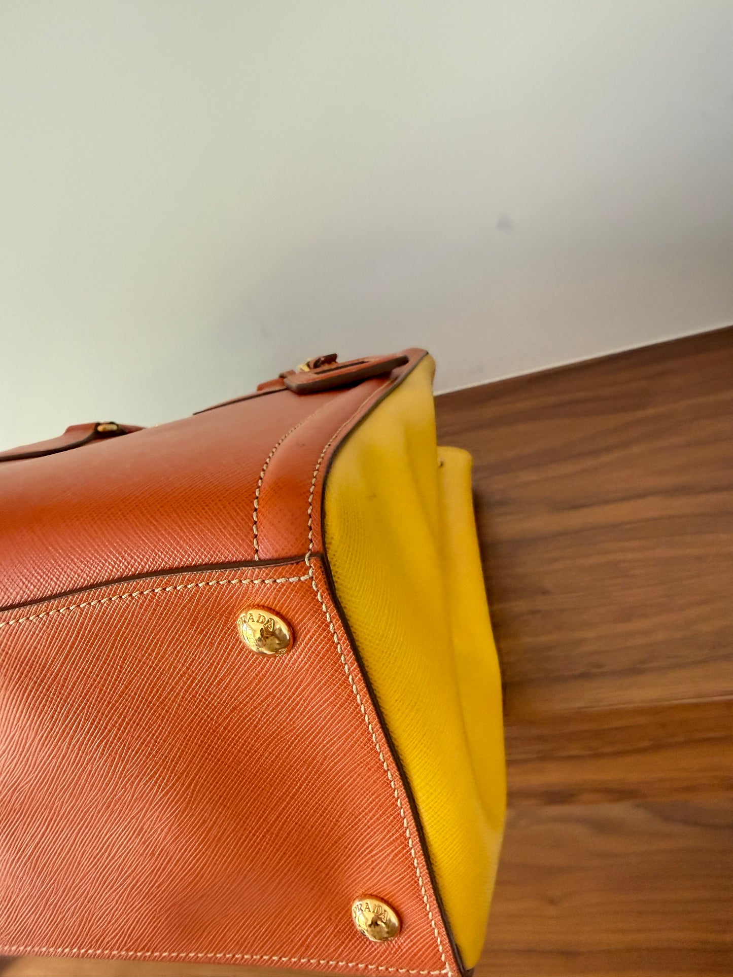 Prada Orange/Yellow Bi Color Saffiano Lux Leather Tote