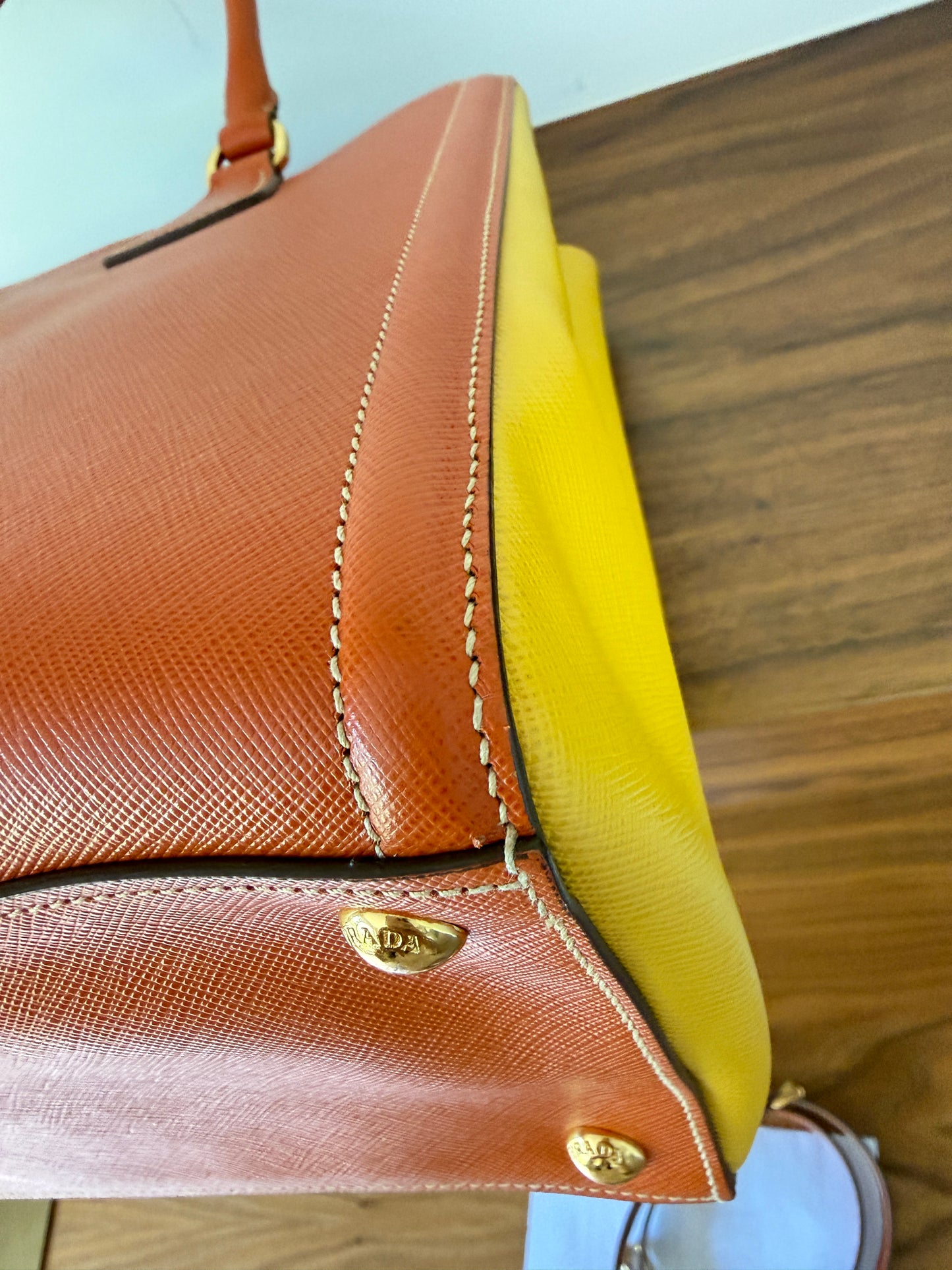 Prada Orange/Yellow Bi Color Saffiano Lux Leather Tote
