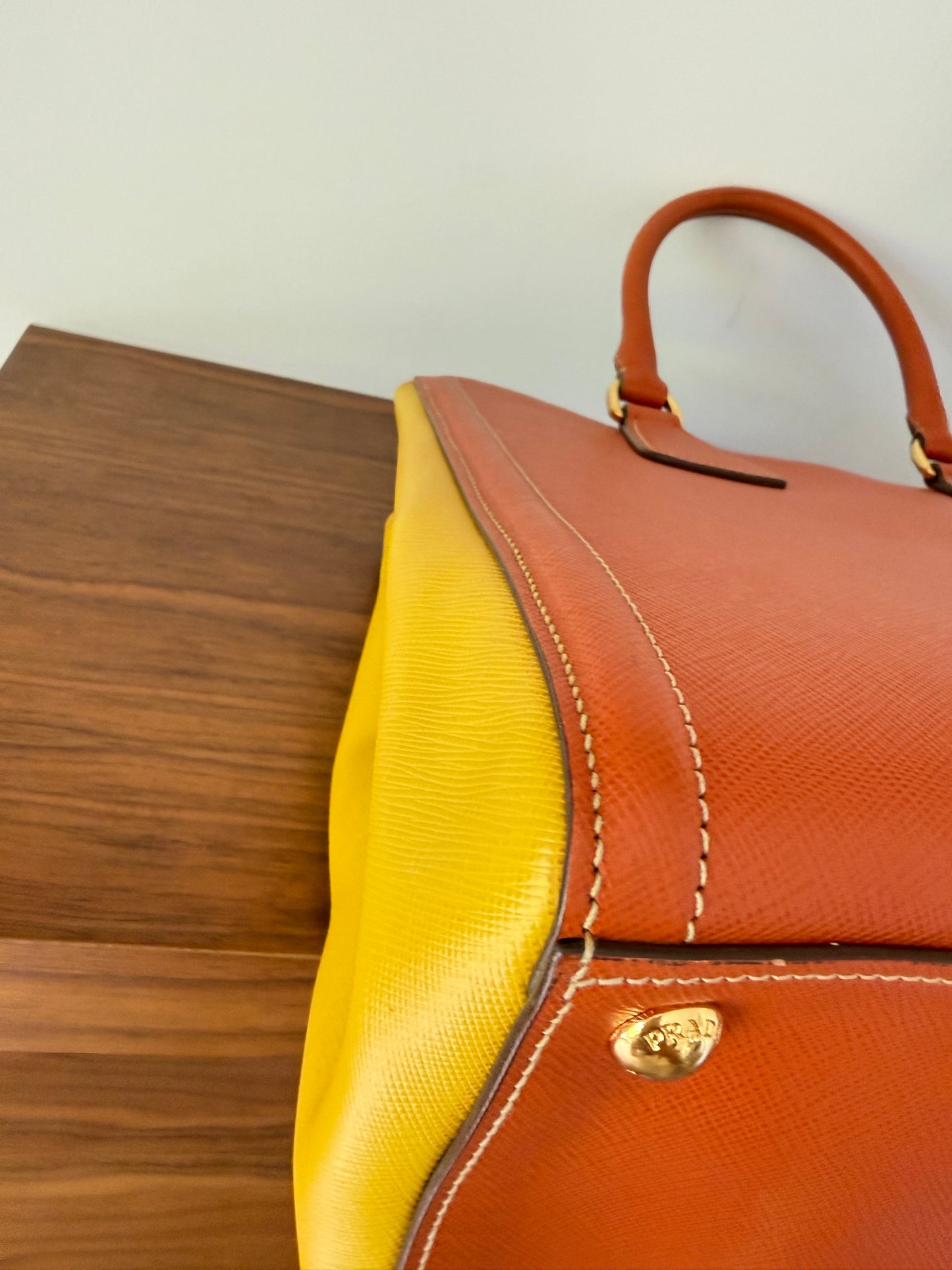 Prada Orange/Yellow Bi Color Saffiano Lux Leather Tote