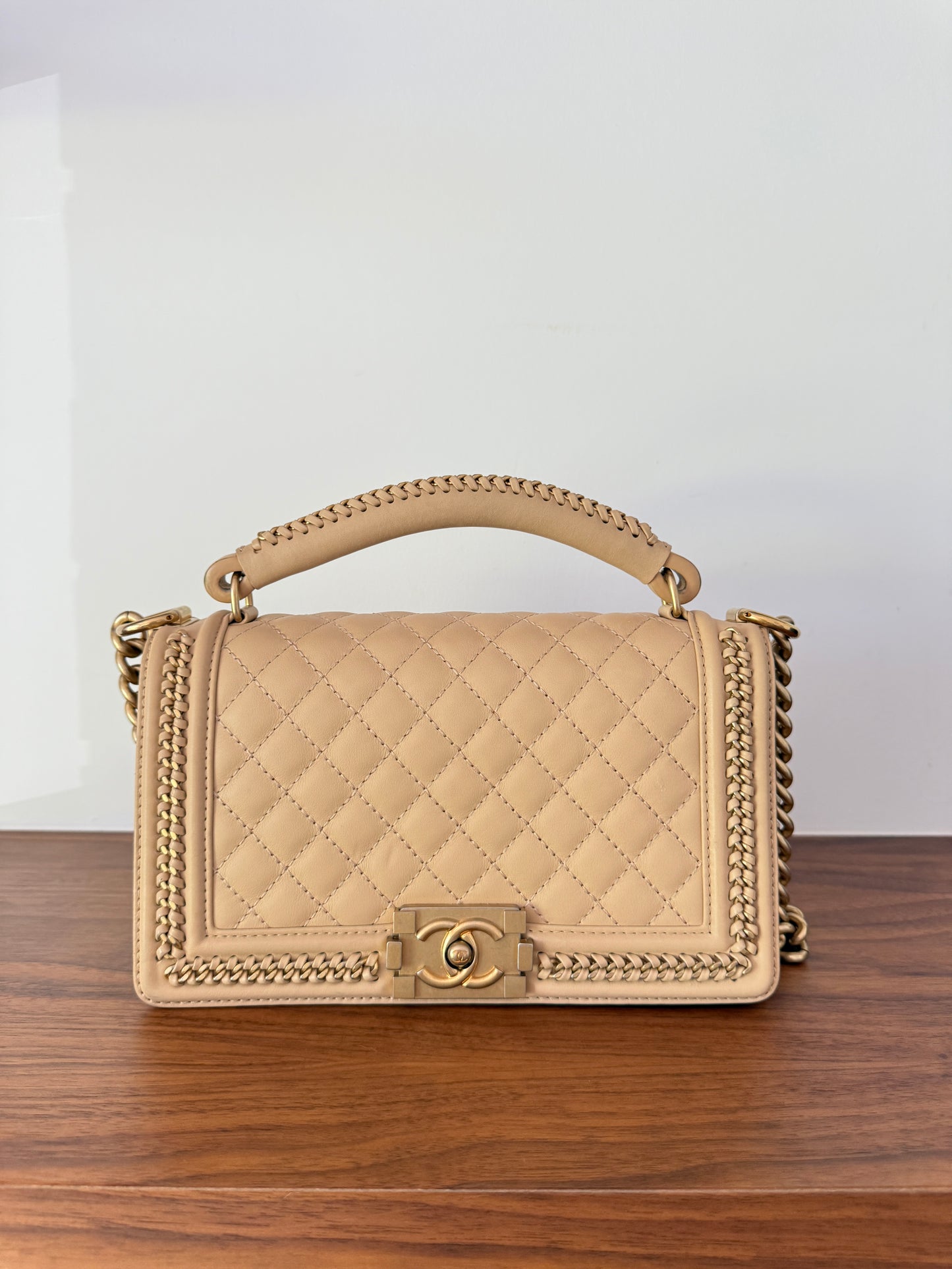 Chanel Medium Boy Bag in Beige with Top Handle Pre-Owned