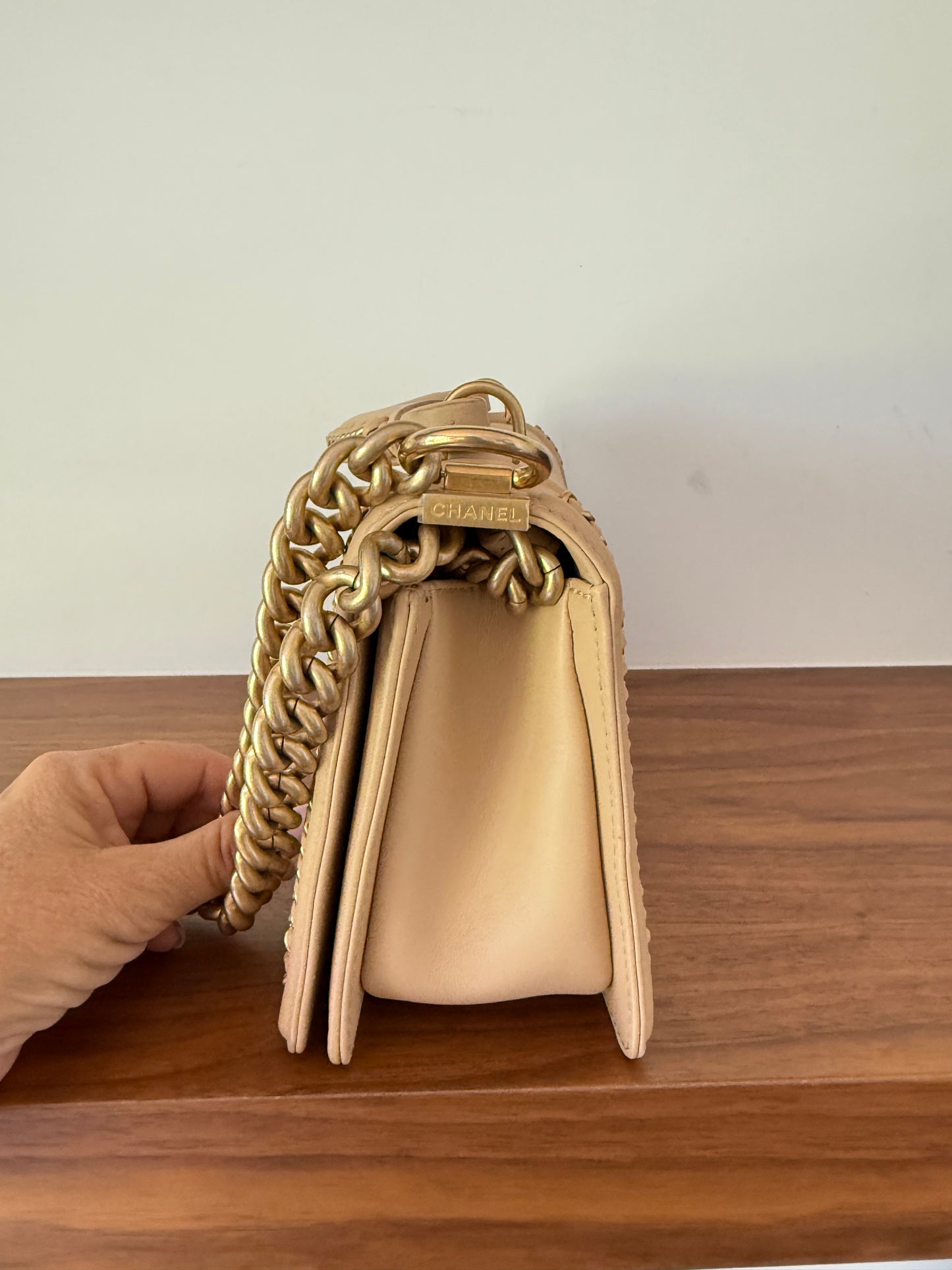 Chanel Medium Boy Bag in Beige with Top Handle Pre-Owned