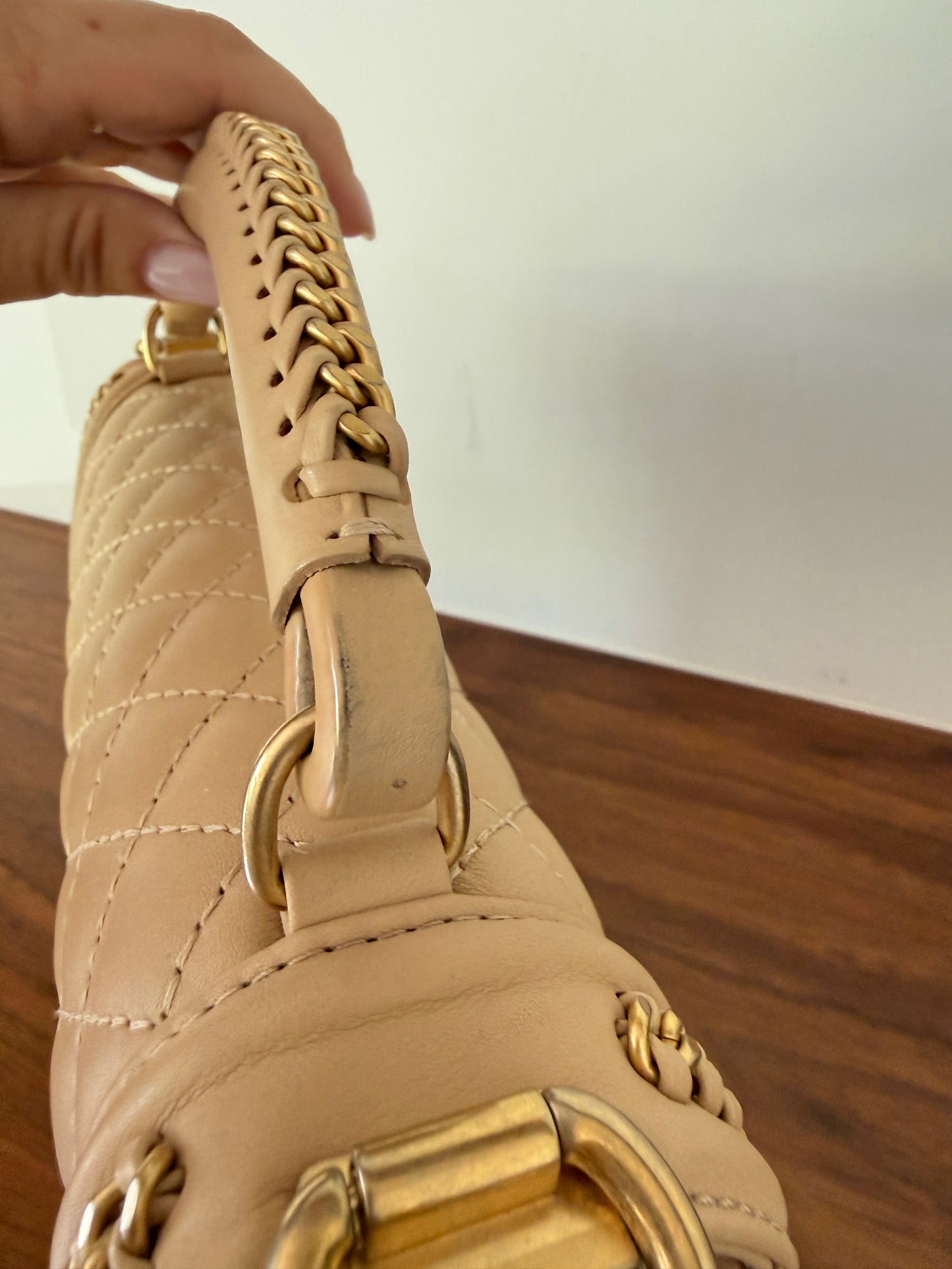 Chanel Medium Boy Bag in Beige with Top Handle Pre-Owned