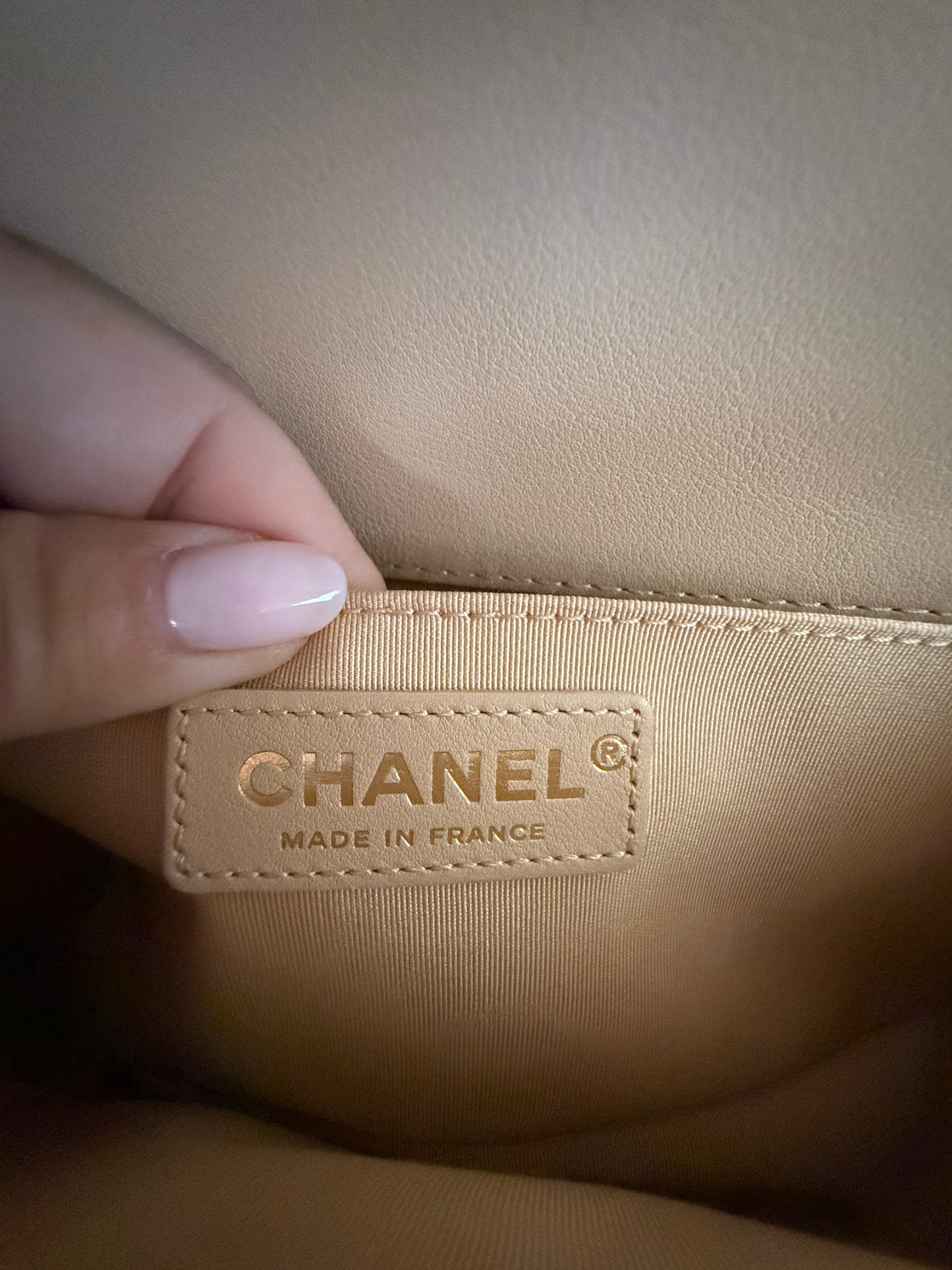 Chanel Medium Boy Bag in Beige with Top Handle Pre-Owned