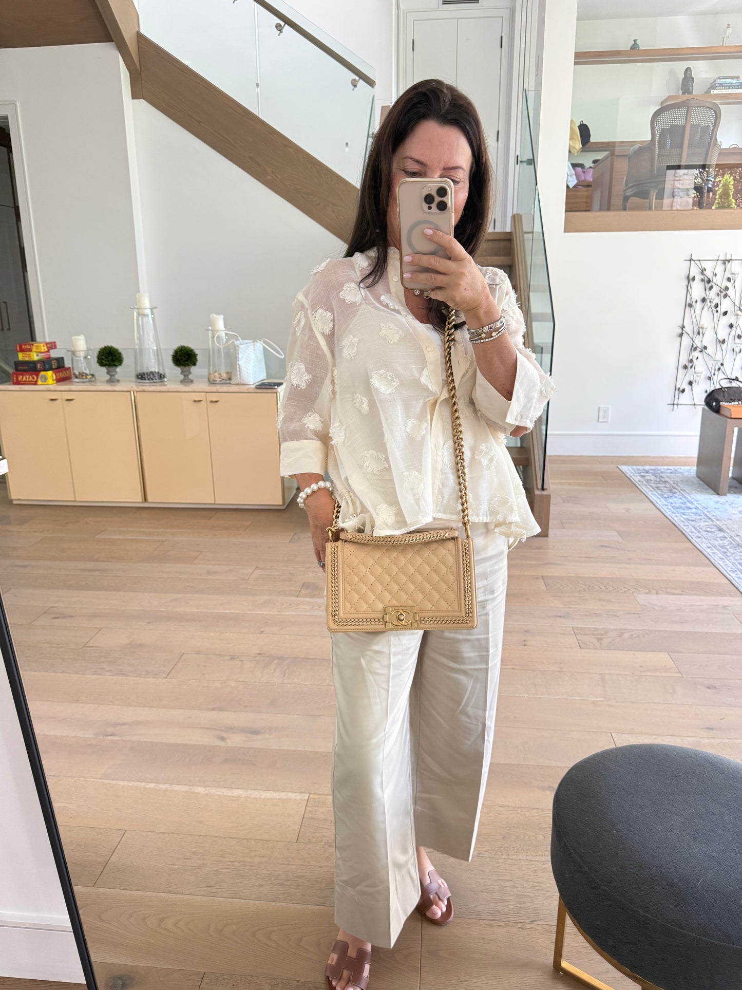 Chanel Medium Boy Bag in Beige with Top Handle Pre-Owned