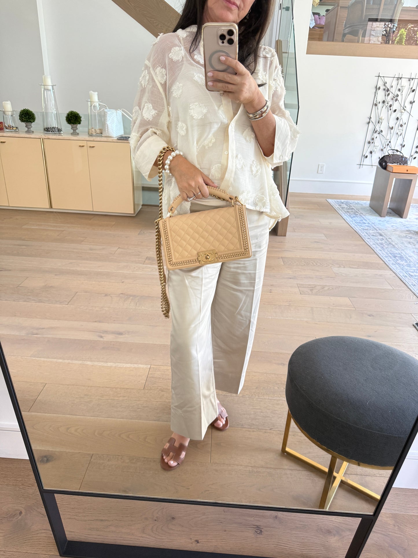 Chanel Medium Boy Bag in Beige with Top Handle Pre-Owned