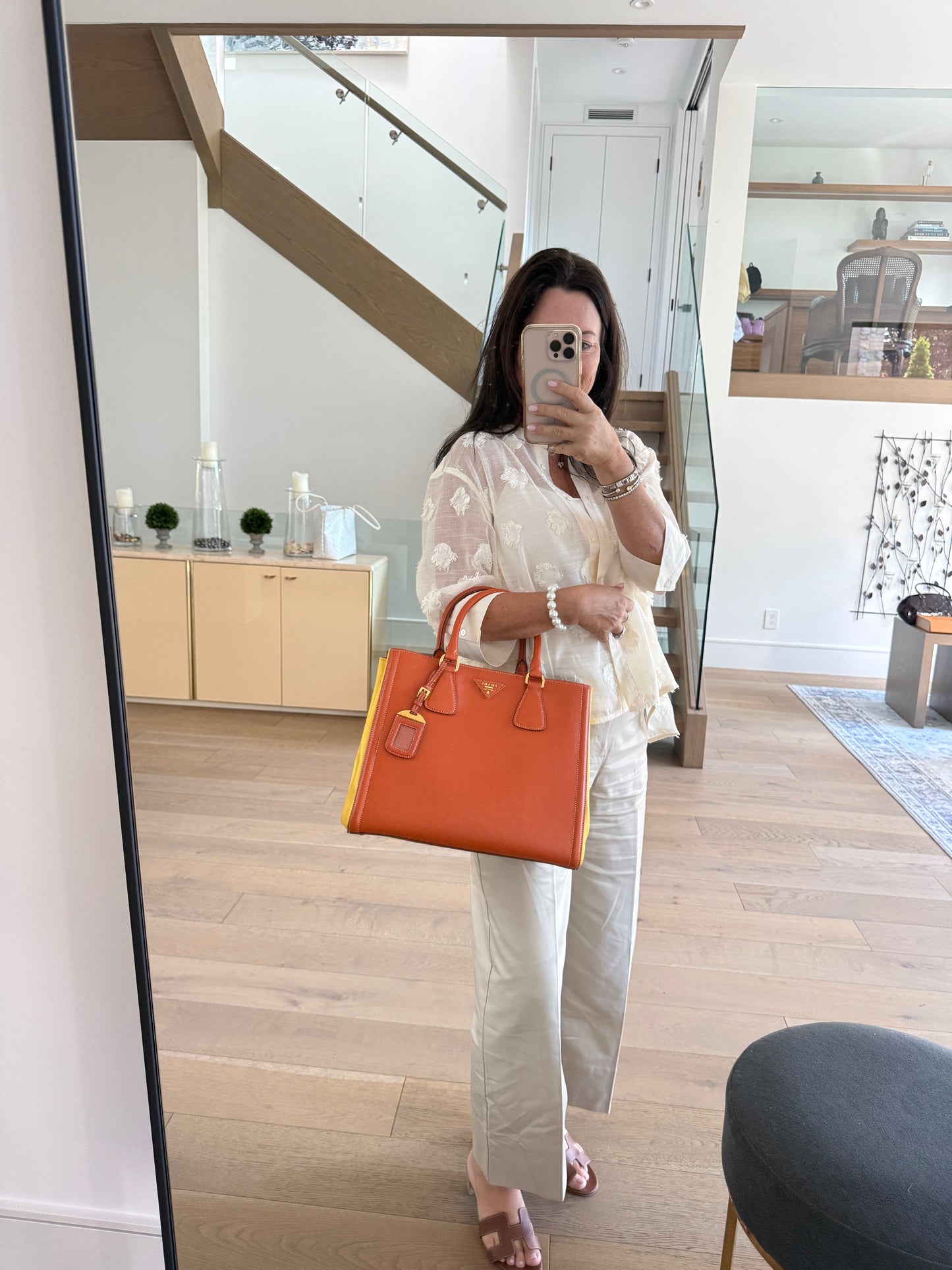 Prada Orange/Yellow Bi Color Saffiano Lux Leather Tote