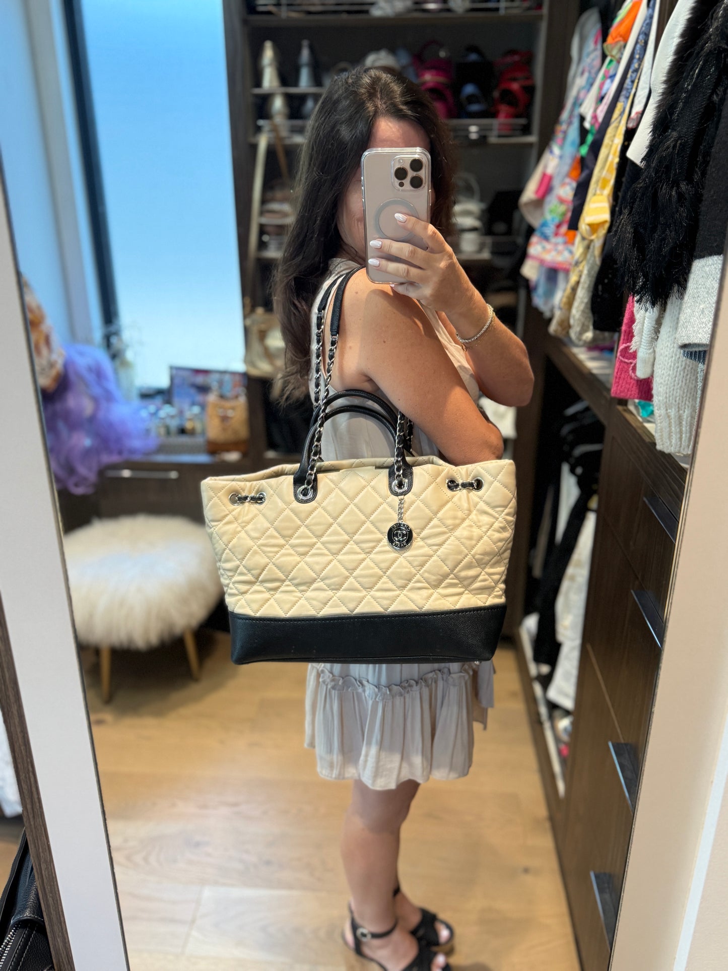 Chanel Beige & Black Caviar and Lambskin Tote Pre-owned Designer Handbag