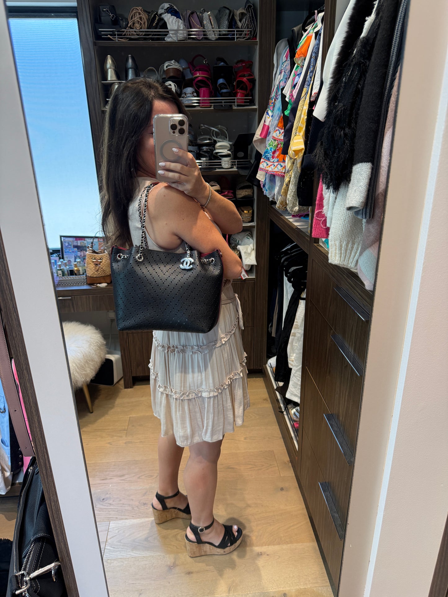 Chanel Perforated Grained Leather Accordion Shopping Tote With Pouch