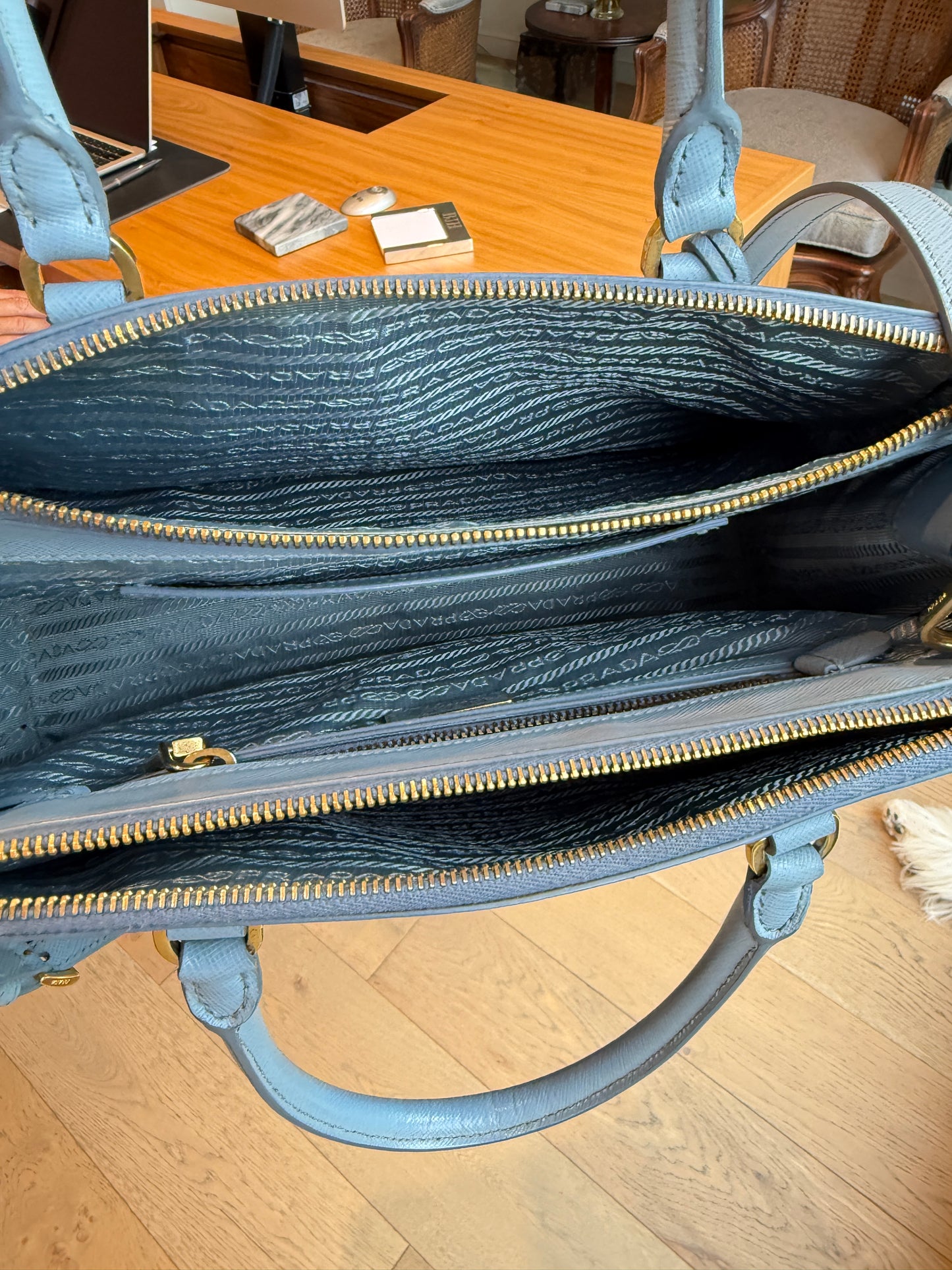 Prada Saffiano Small Galleria Double Zip Tote in Blue