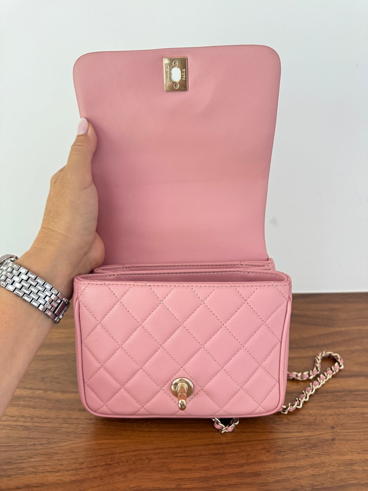 Chanel Small Square Top Handle Quilted Lambskin in Pink Pre-Owned