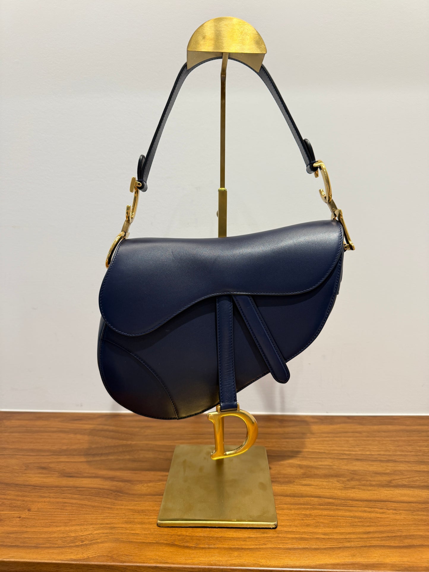 Christian Dior Saddle Bag in Indigo Navy Blue with Burgundy Guitar Strap Pre-Owned