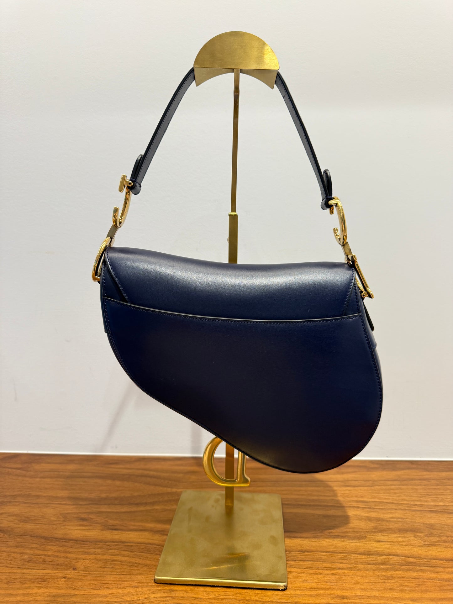Christian Dior Saddle Bag in Indigo Navy Blue with Burgundy Guitar Strap Pre-Owned
