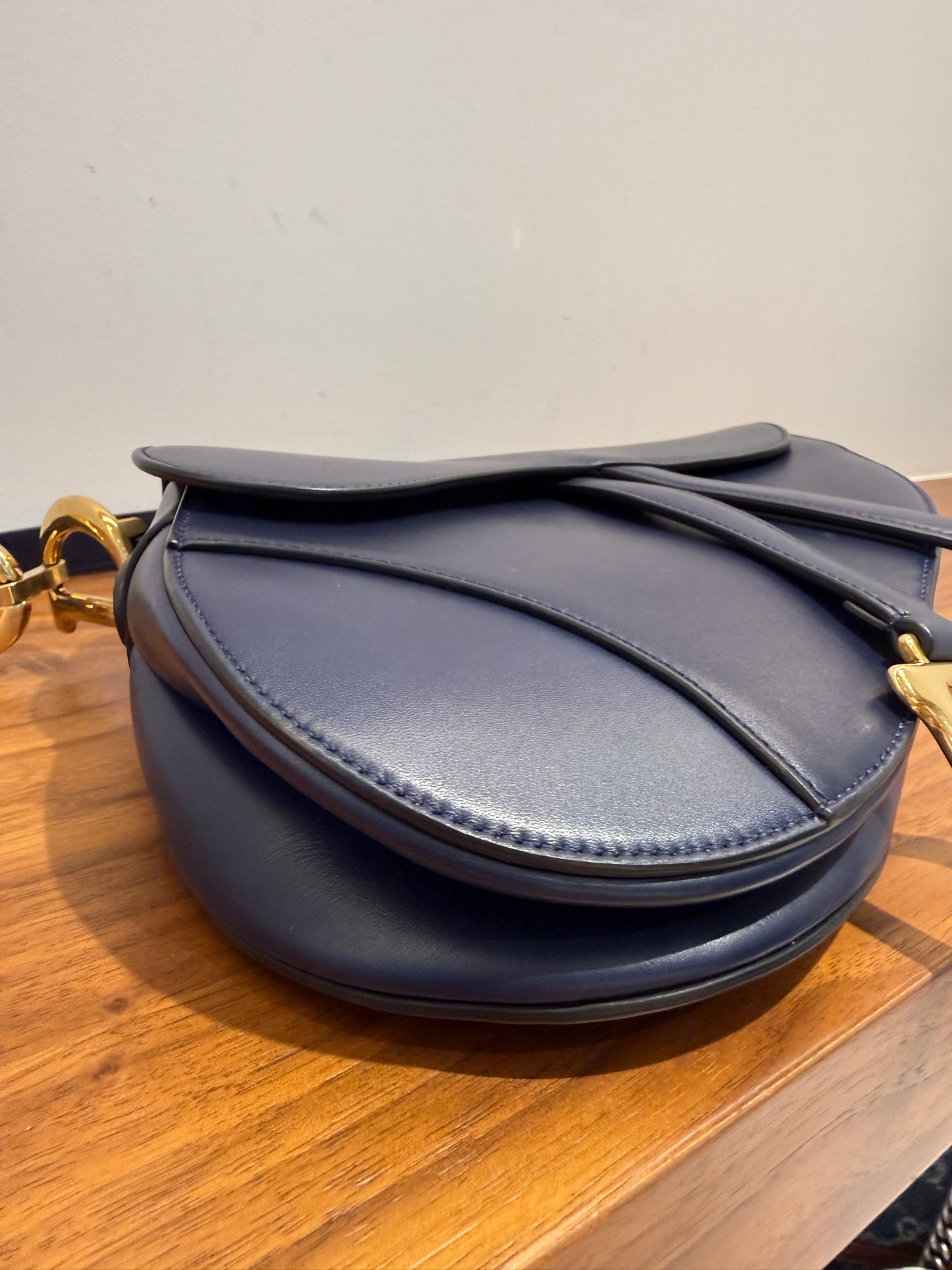 Christian Dior Saddle Bag in Indigo Navy Blue with Burgundy Guitar Strap Pre-Owned
