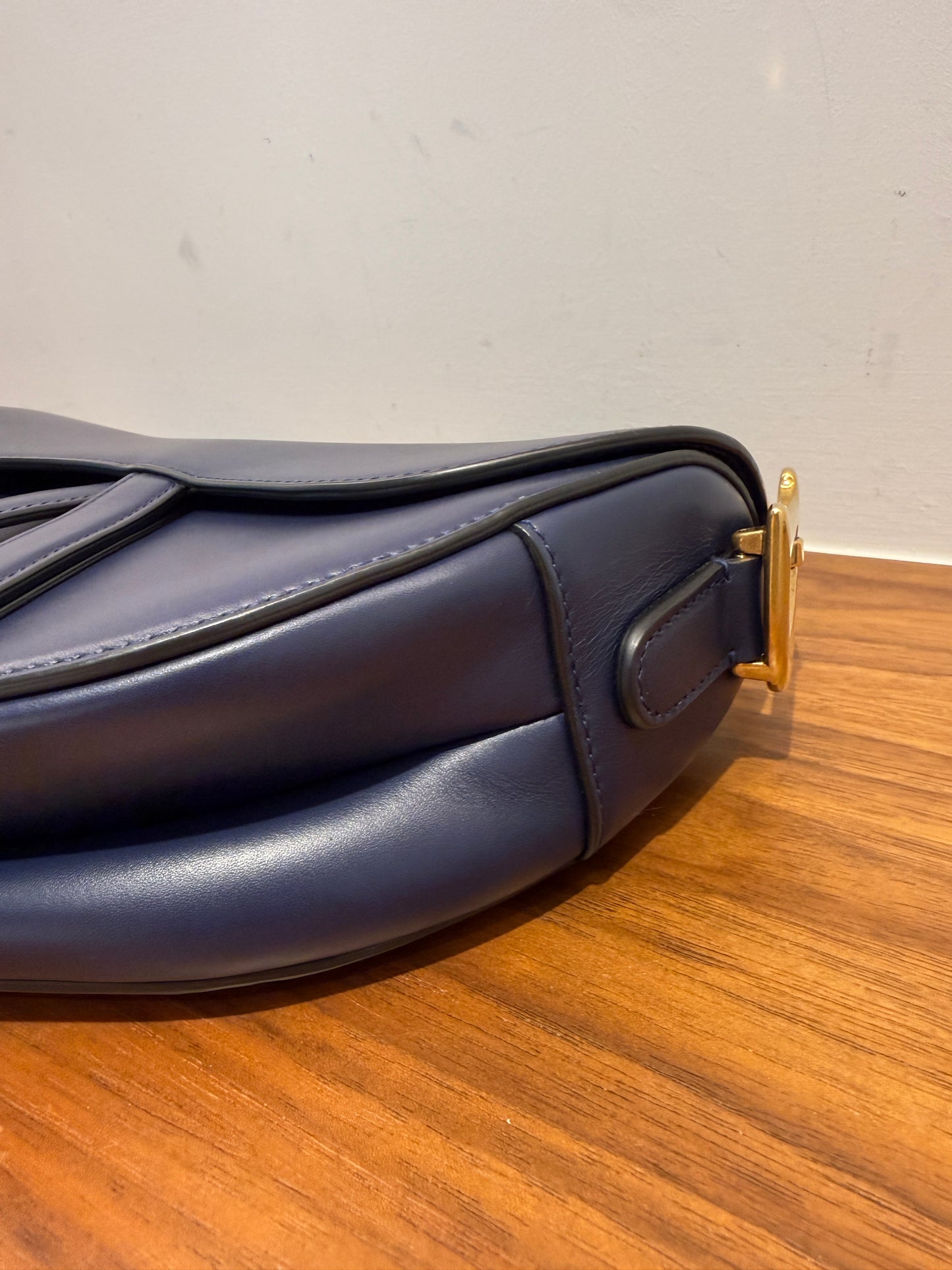 Christian Dior Saddle Bag in Indigo Navy Blue with Burgundy Guitar Strap Pre-Owned