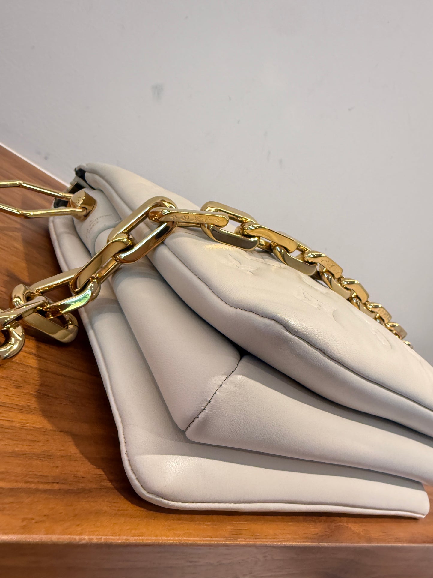 Louis Vuitton Lambskin Embossed Monogram Coussin PM Beige Cream