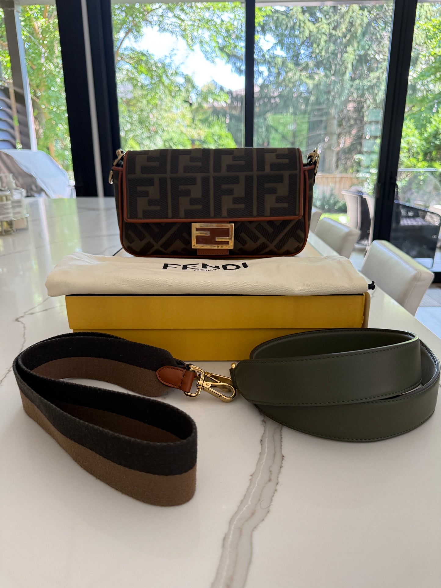 Fendi Baguette Monogram in Khaki and Brown Monogram with Extra Leather Strap Pre-Owned