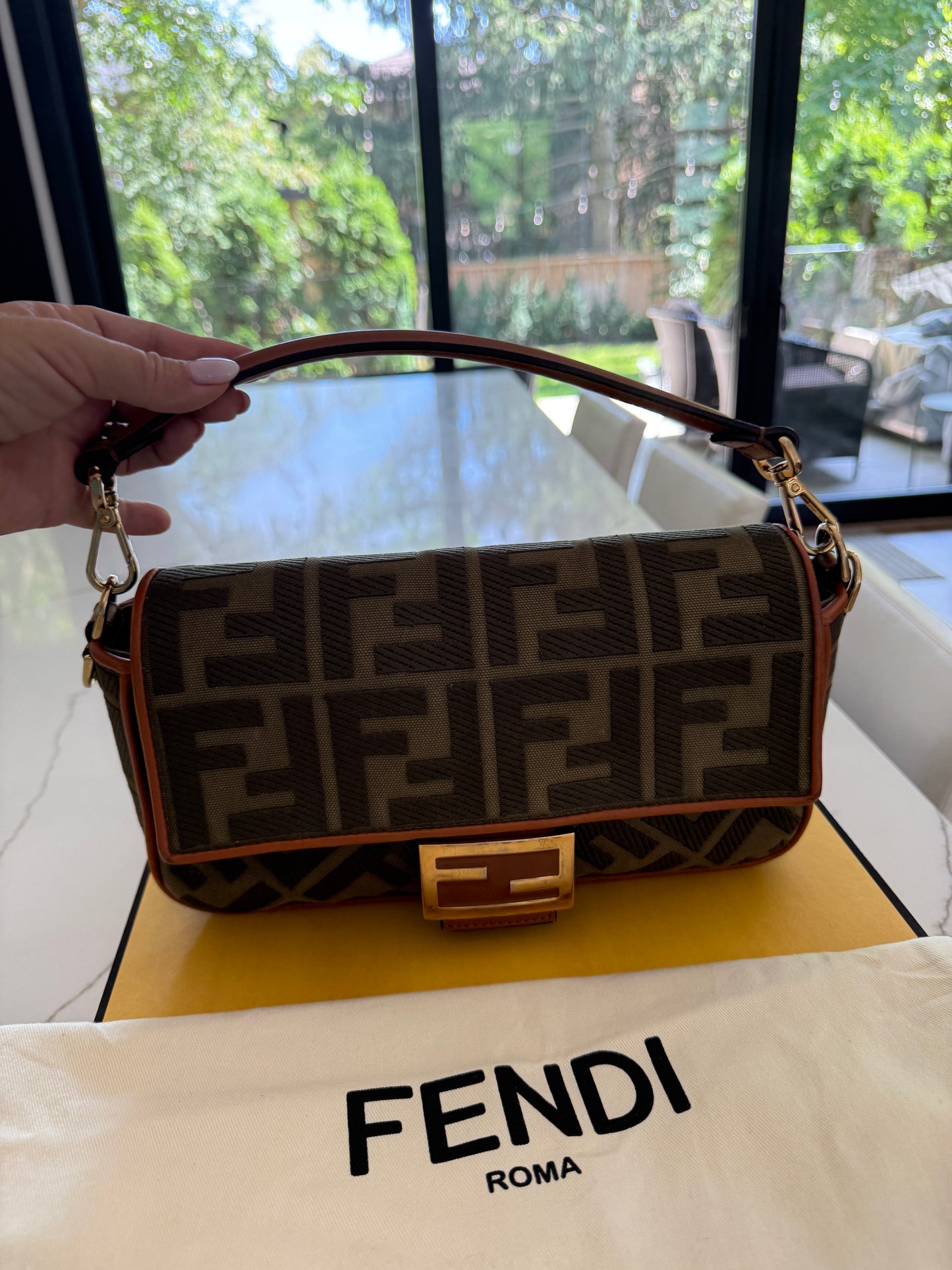 Fendi Baguette Monogram in Khaki and Brown Monogram with Extra Leather Strap Pre-Owned