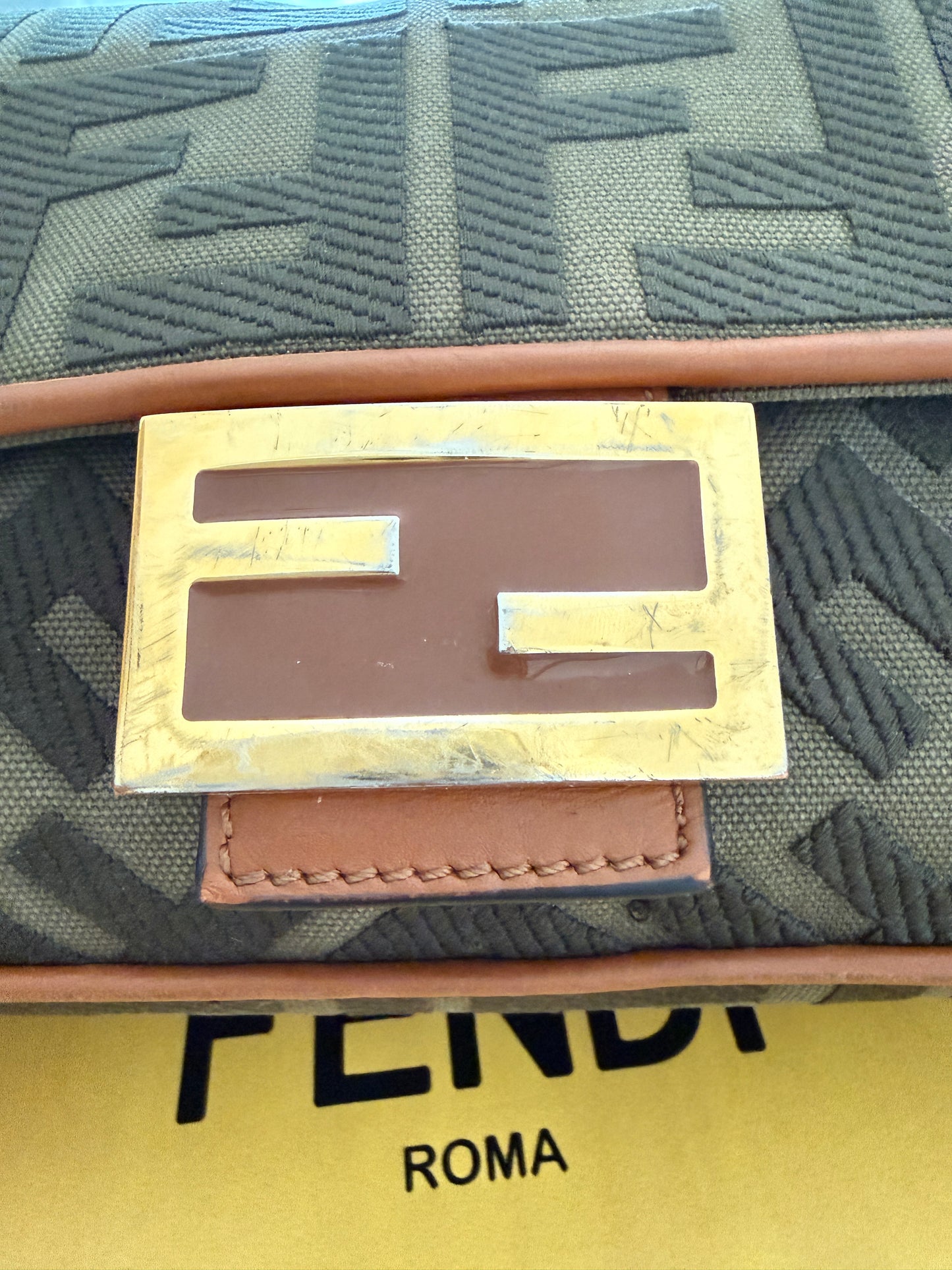 Fendi Baguette Monogram in Khaki and Brown Monogram with Extra Leather Strap Pre-Owned