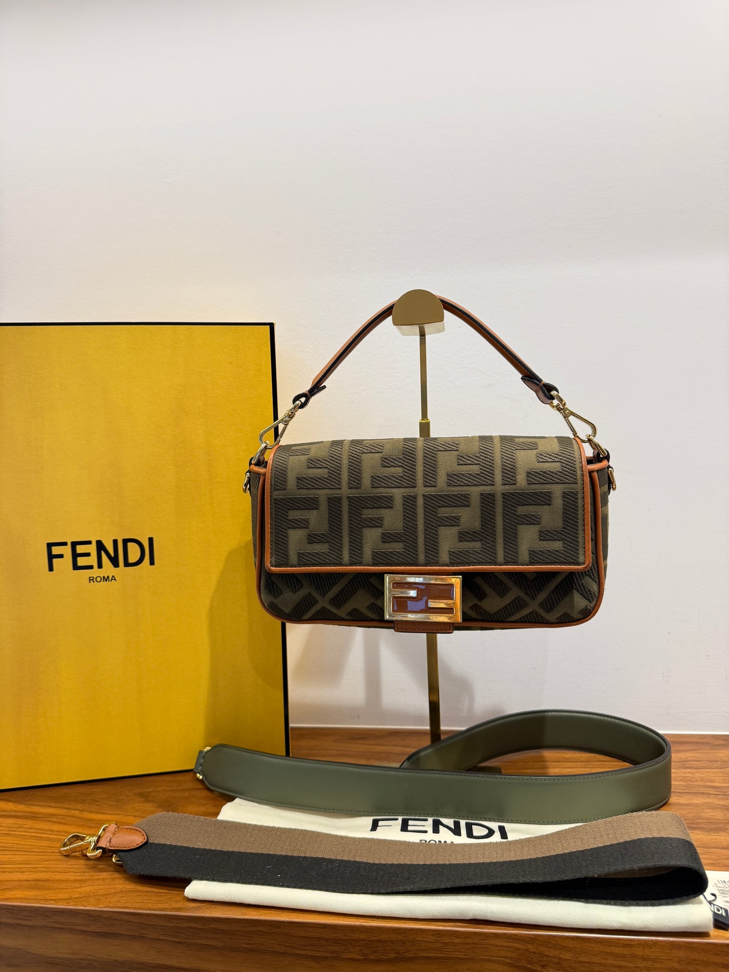Fendi Baguette Monogram in Khaki and Brown Monogram with Extra Leather Strap Pre-Owned