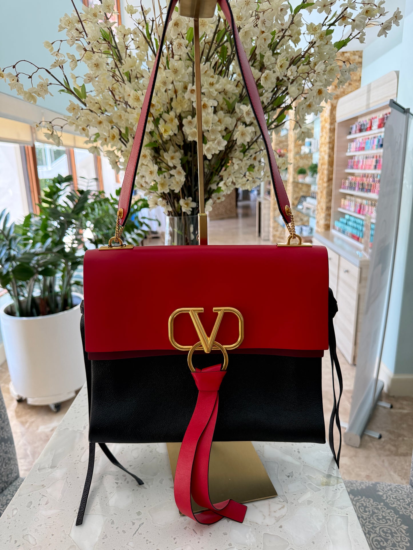 Valentino Garavani Medium V Ring Logo Shoulder Bag in Red and Black Pre-Owned