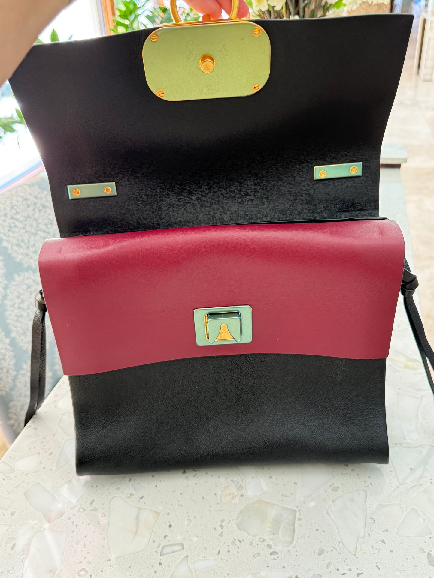 Valentino Garavani Medium V Ring Logo Shoulder Bag in Red and Black Pre-Owned