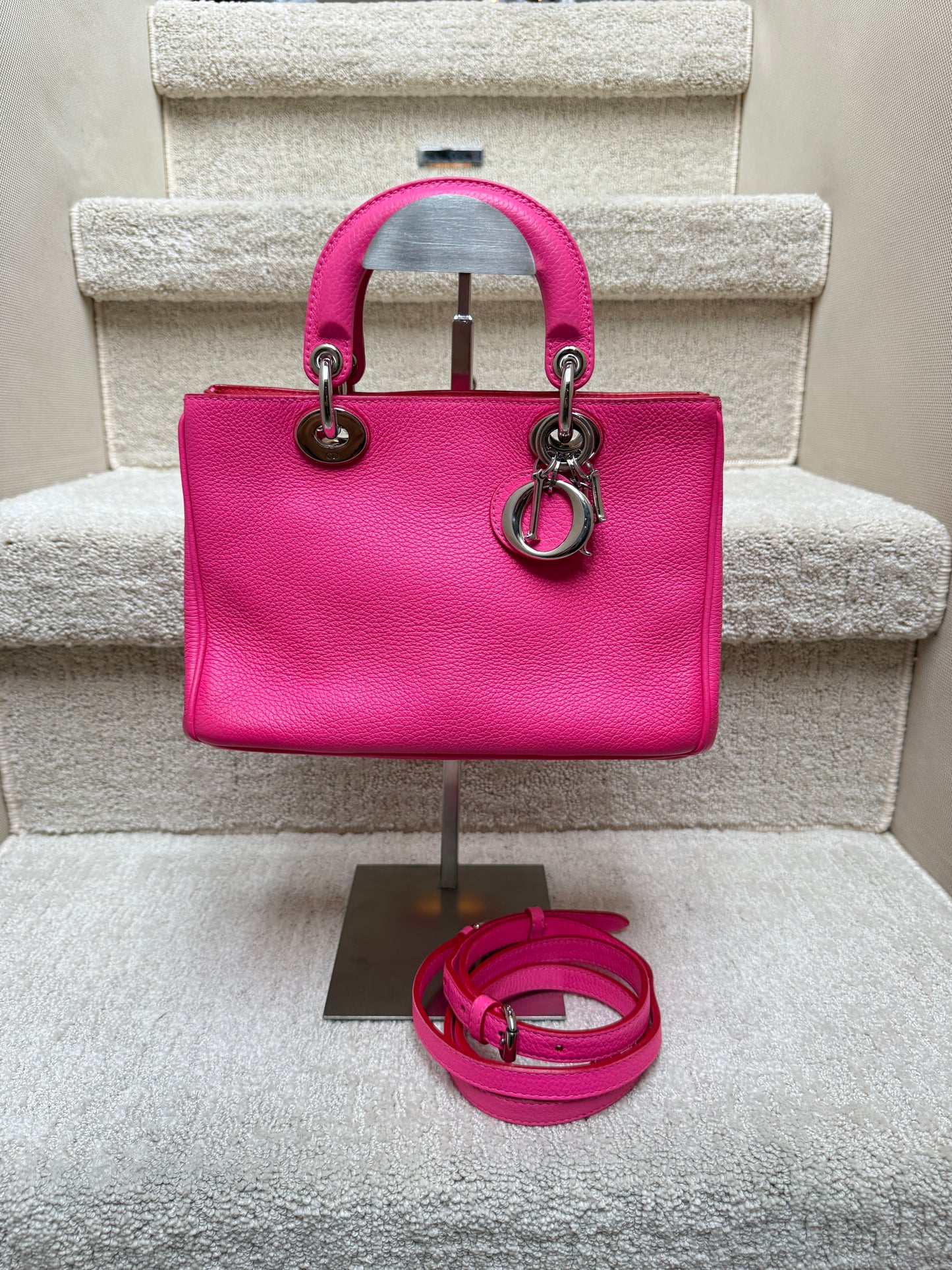 Dior Diorissimo small in fuschia pink with silver hardware authentic pre-owned from purseonalshopper