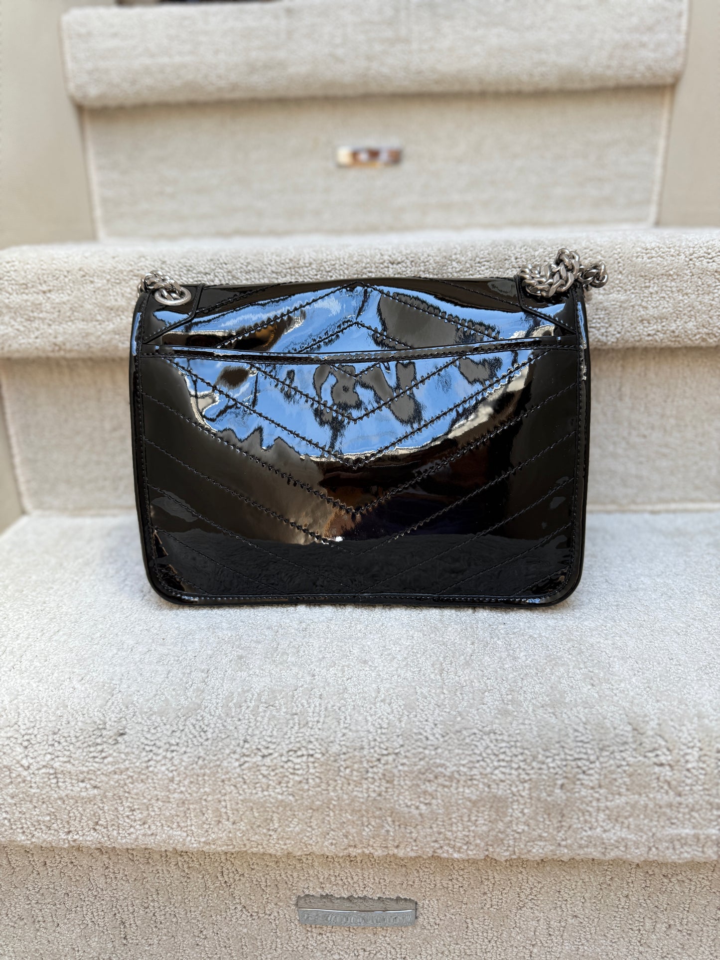 YSL Saint Laurent Patent Matelasse Monogram Medium Niki Chain Satchel Black