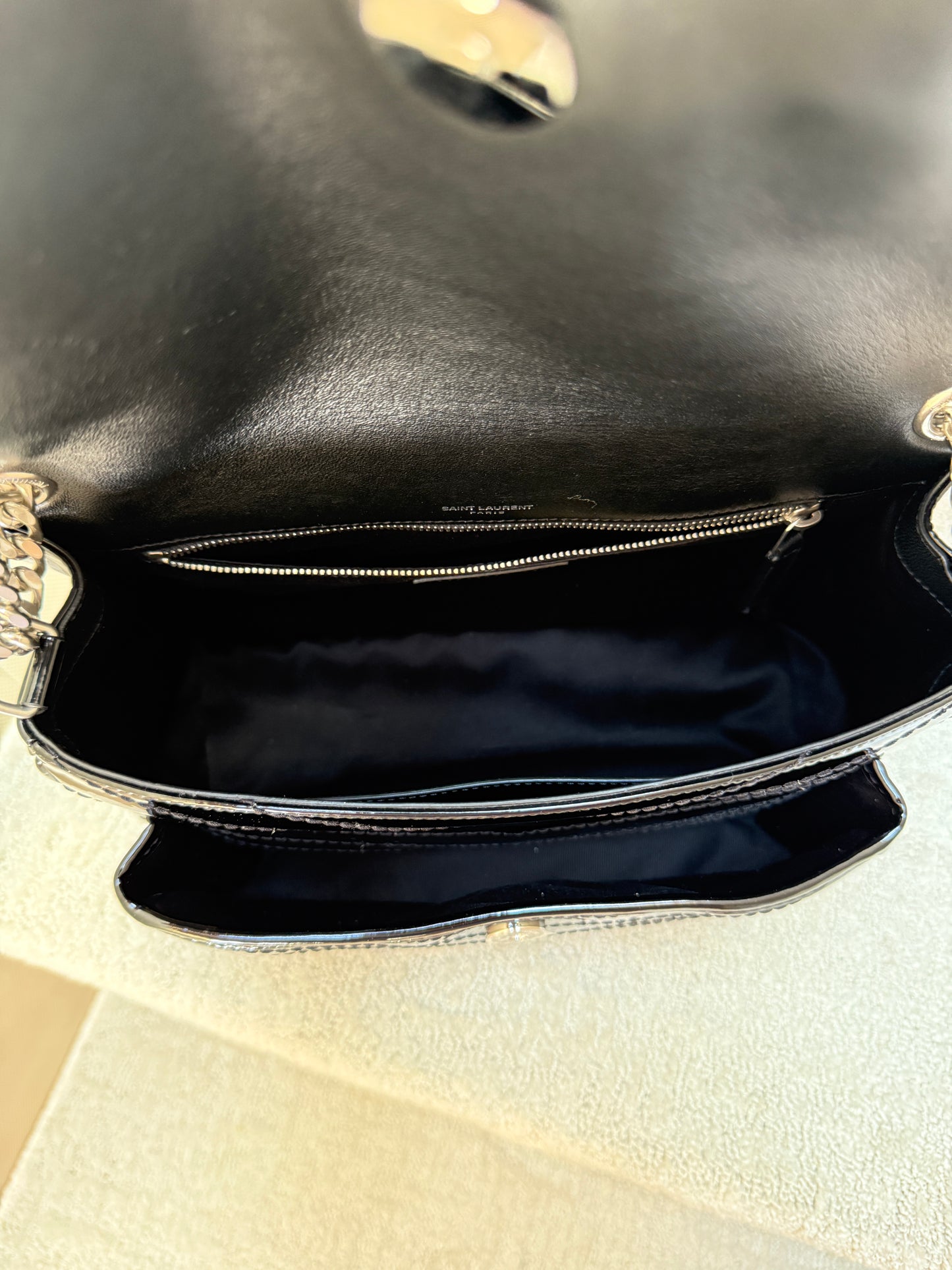 YSL Saint Laurent Patent Matelasse Monogram Medium Niki Chain Satchel Black