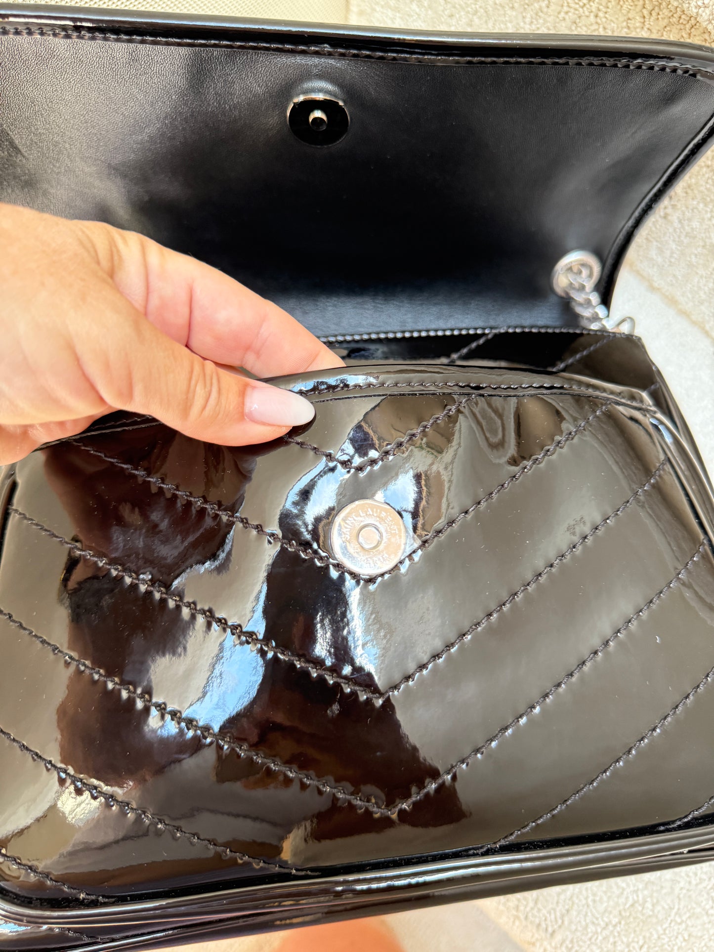 YSL Saint Laurent Patent Matelasse Monogram Medium Niki Chain Satchel Black