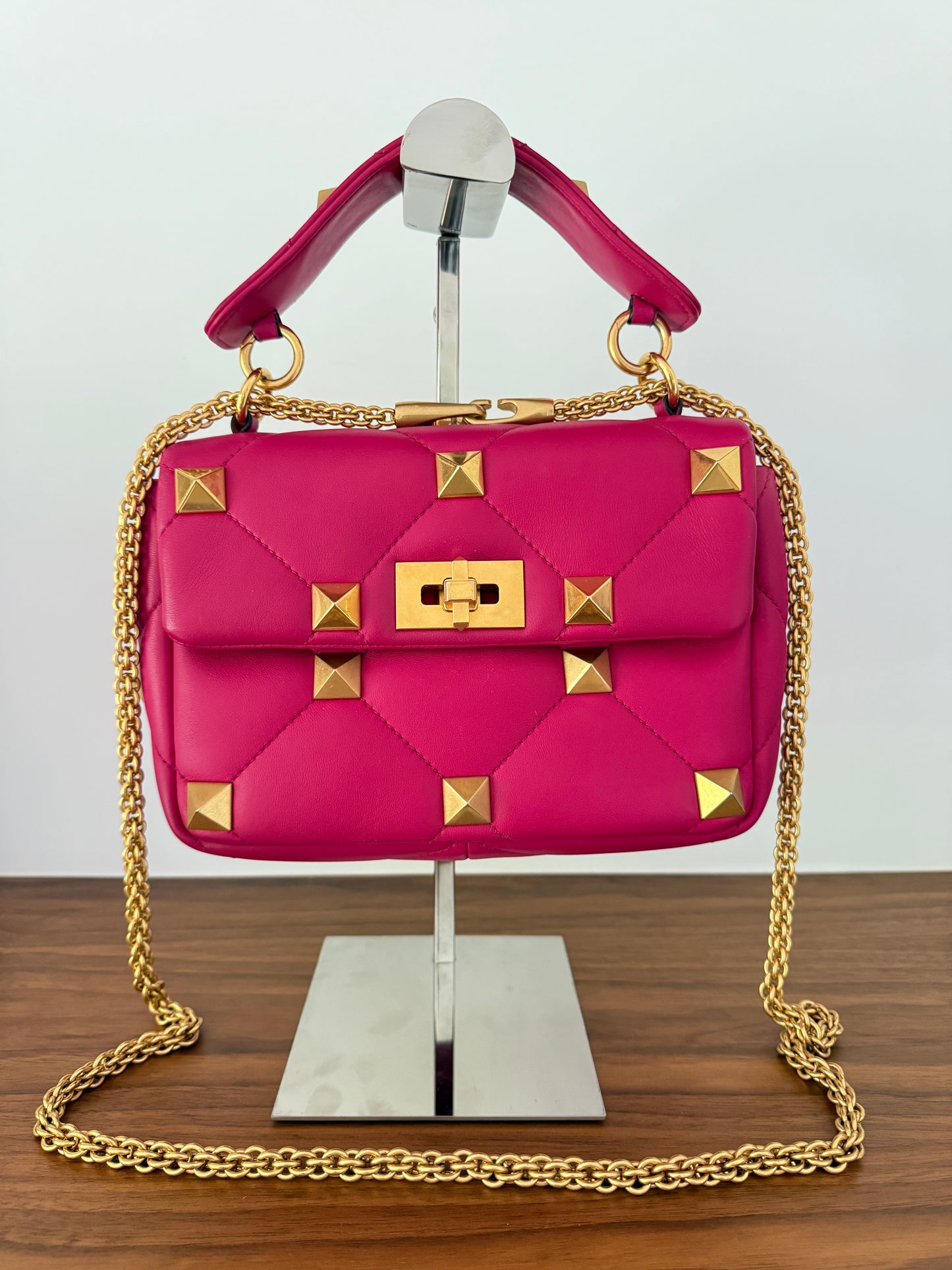 Valentino Roman Stud Medium Shoulder Bag in Dark Pink